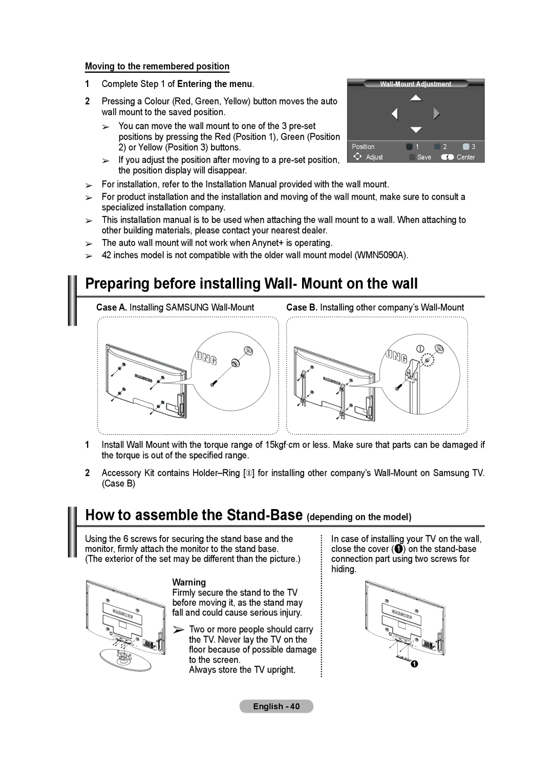 Samsung BN68-01528B-02 user manual Preparing before installing Wall- Mount on the wall, Moving to the remembered position 