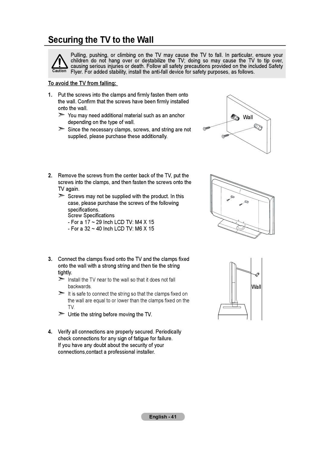 Samsung BN68-01528B-02 user manual Securing the TV to the Wall, To avoid the TV from falling 