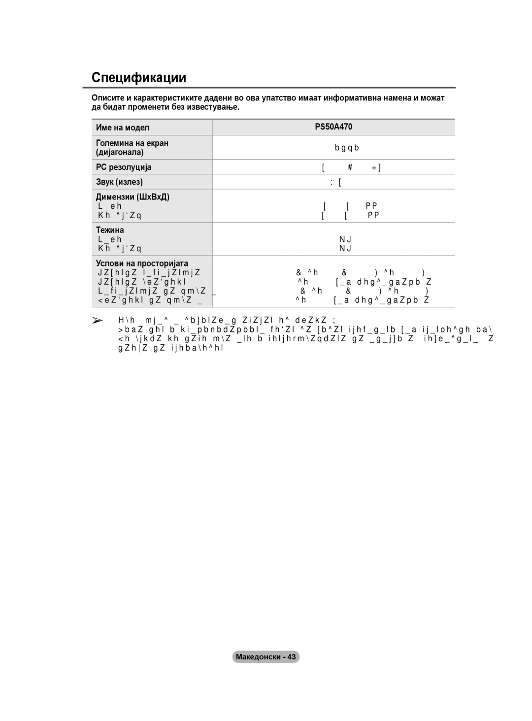 Samsung BN68-01528B-02 user manual Дијагонала, PC резолуција, Звук излез, Димензии ШxВxД, Тежина, Услови на просторијата 