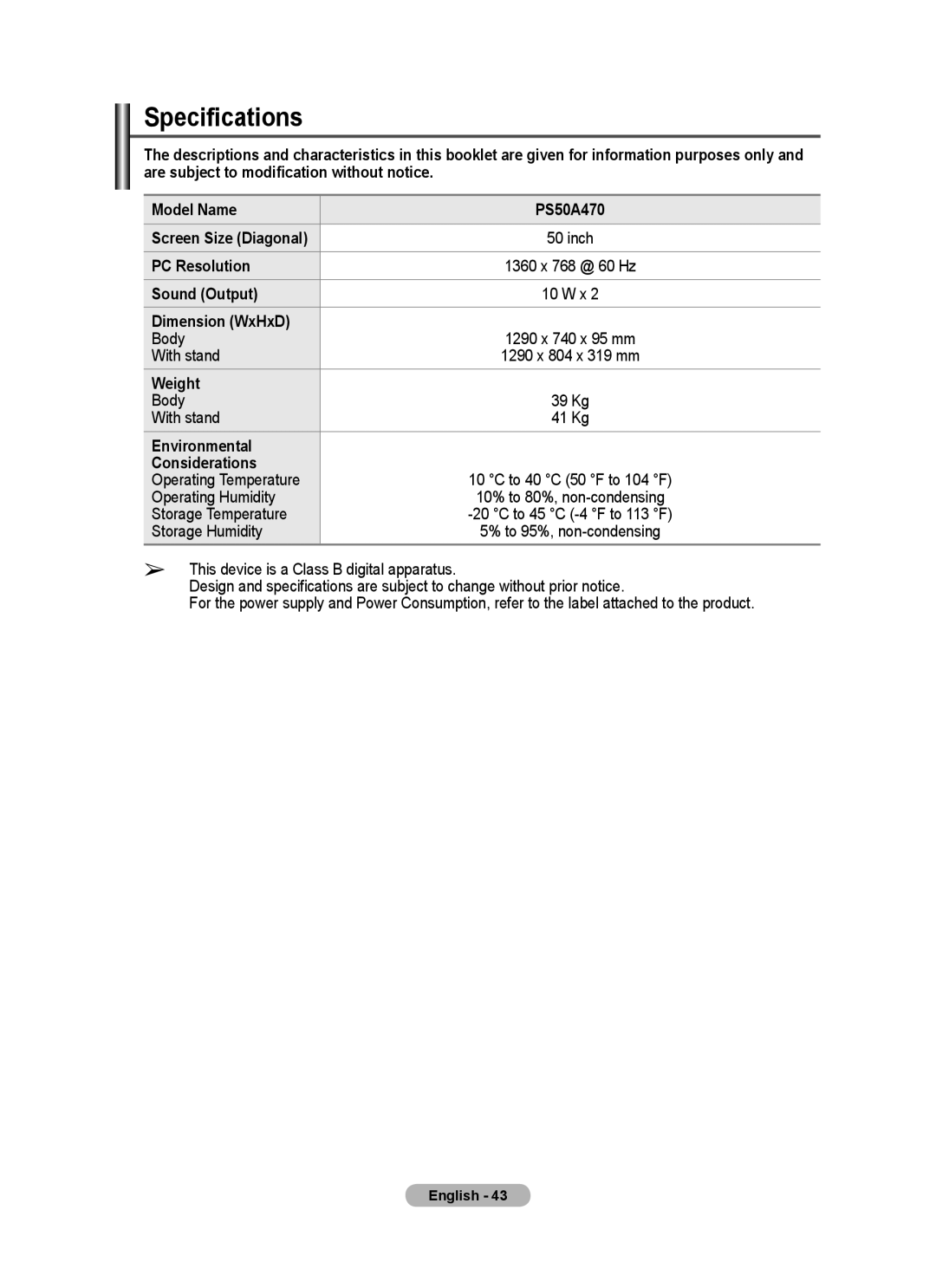 Samsung BN68-01528B-02 user manual Specifications 