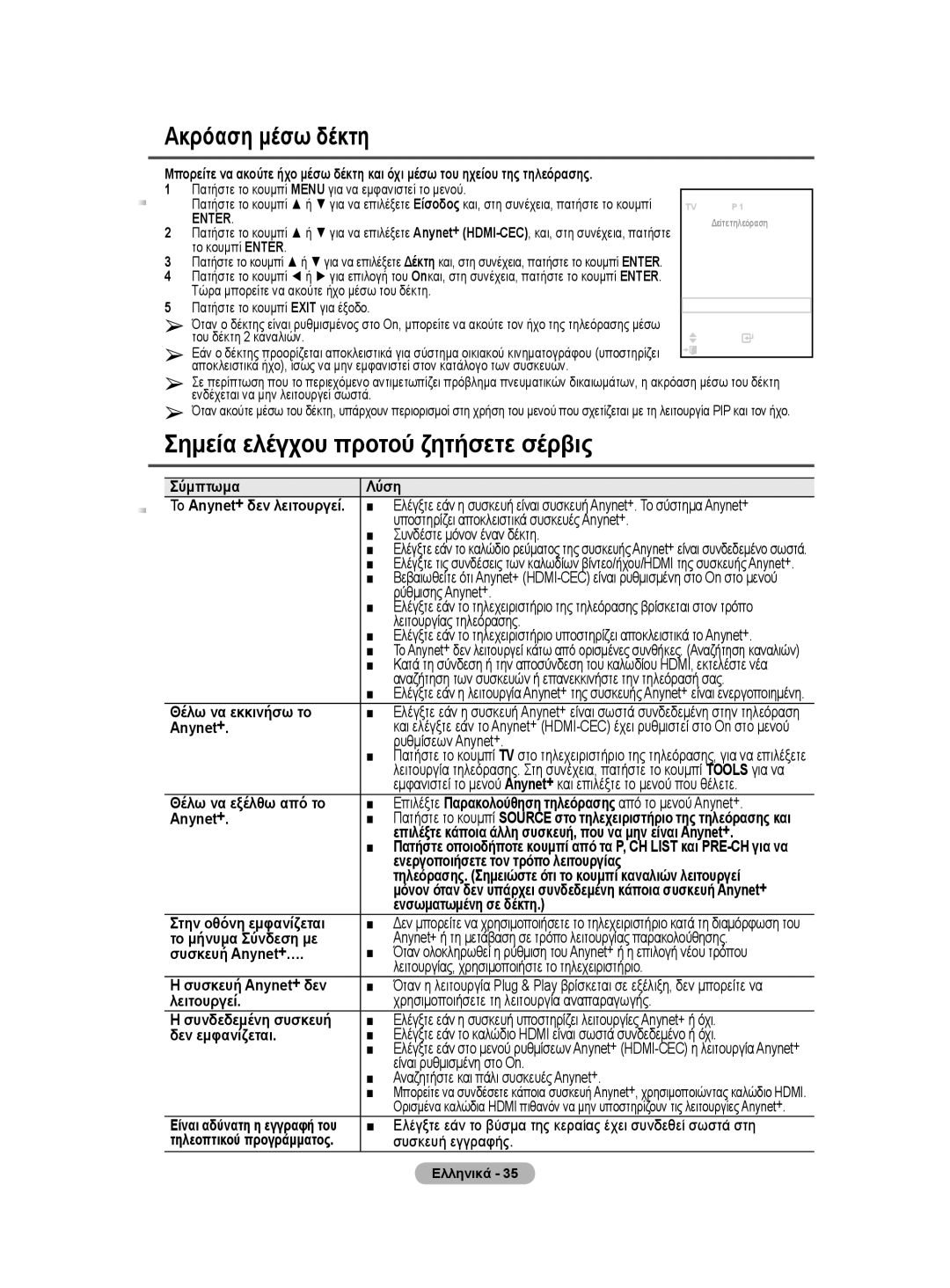 Samsung BN68-01528B-02 user manual Ακρόαση μέσω δέκτη, Σημεία ελέγχου προτού ζητήσετε σέρβις 