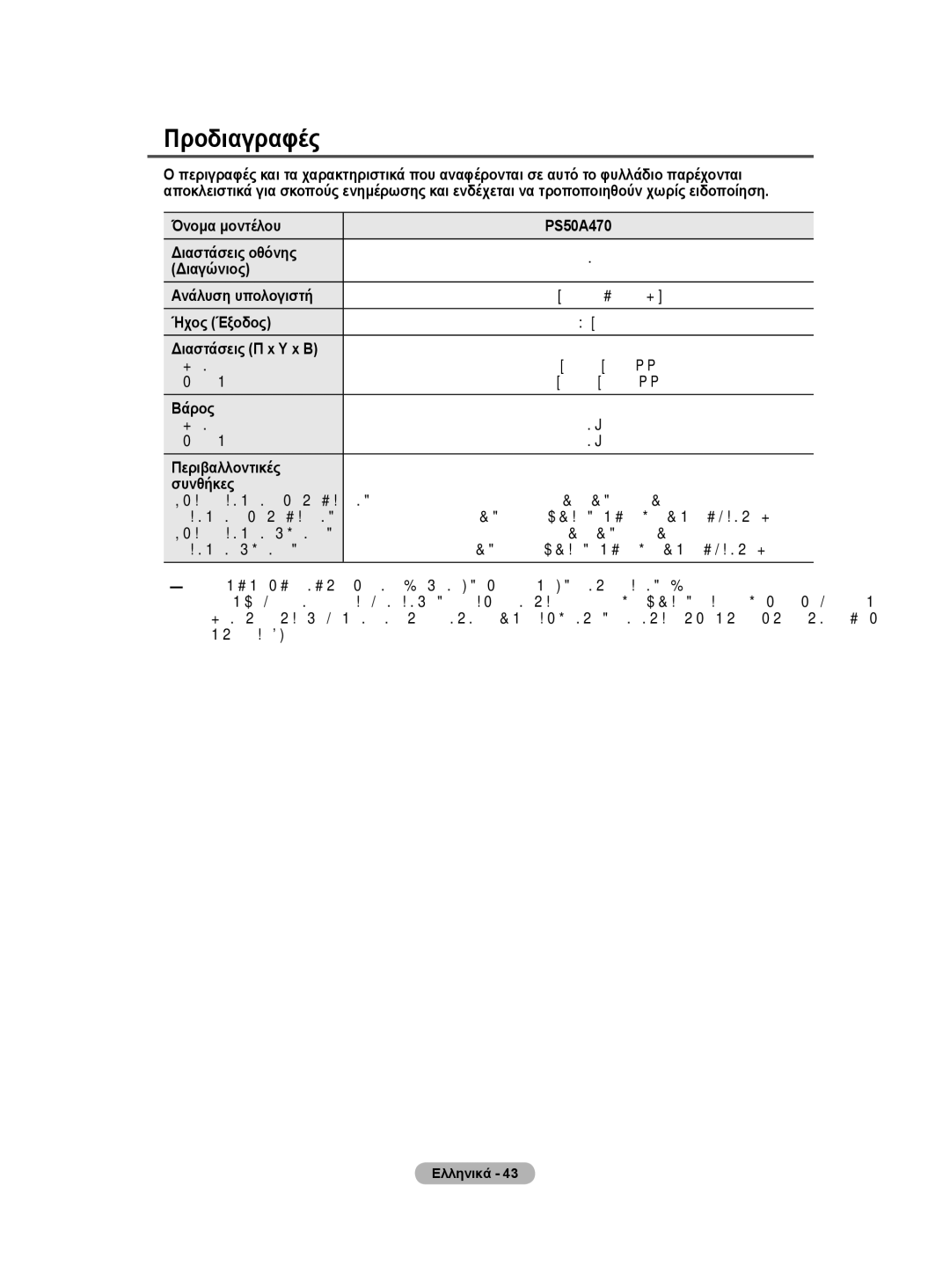 Samsung BN68-01528B-02 user manual Προδιαγραφές, Ήχος Έξοδος, Διαστάσεις Π x Υ x Β, Βάρος, Περιβαλλοντικές Συνθήκες 