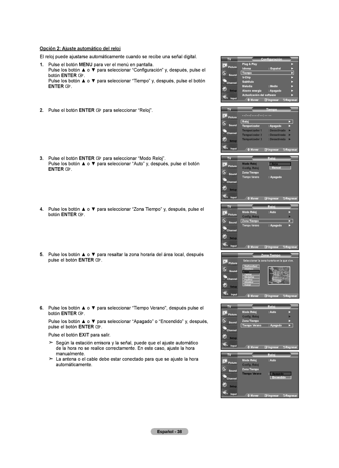 Samsung BN68-01541A-01 user manual Opción 2 Ajuste automático del reloj, Zona Tiempo 