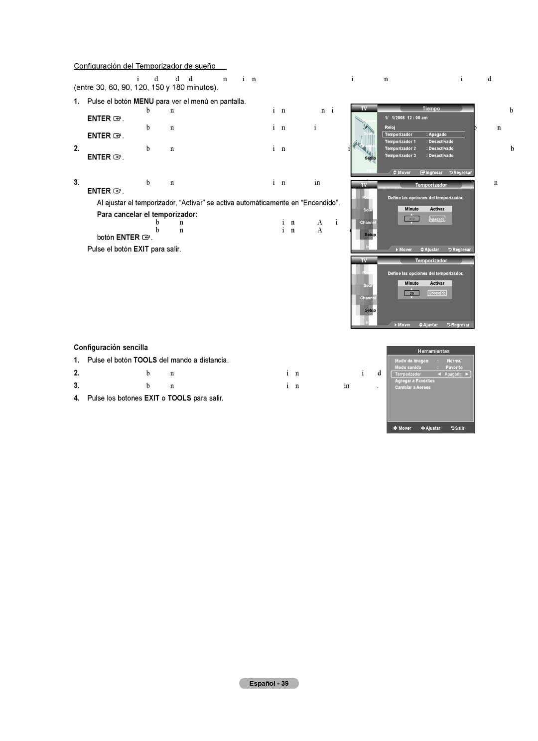 Samsung BN68-01541A-01 user manual Configuración del Temporizador de sueño, Para cancelar el temporizador, TVTemporizador 