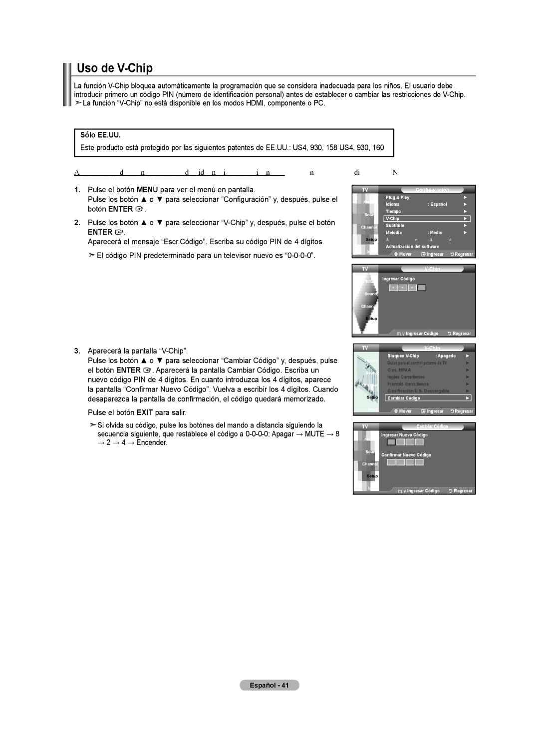 Samsung BN68-01541A-01 user manual Uso de V-Chip, Sólo EE.UU, Ajuste del número de identificación personal código PIN 