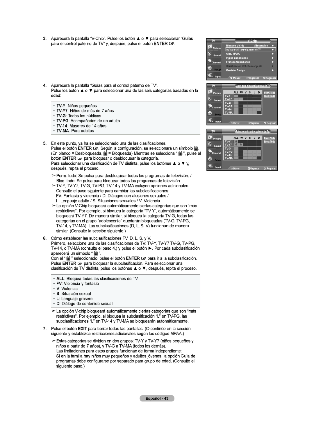 Samsung BN68-01541A-01 user manual Cómo establecer las subclasificaciones FV, D, L, S, y 