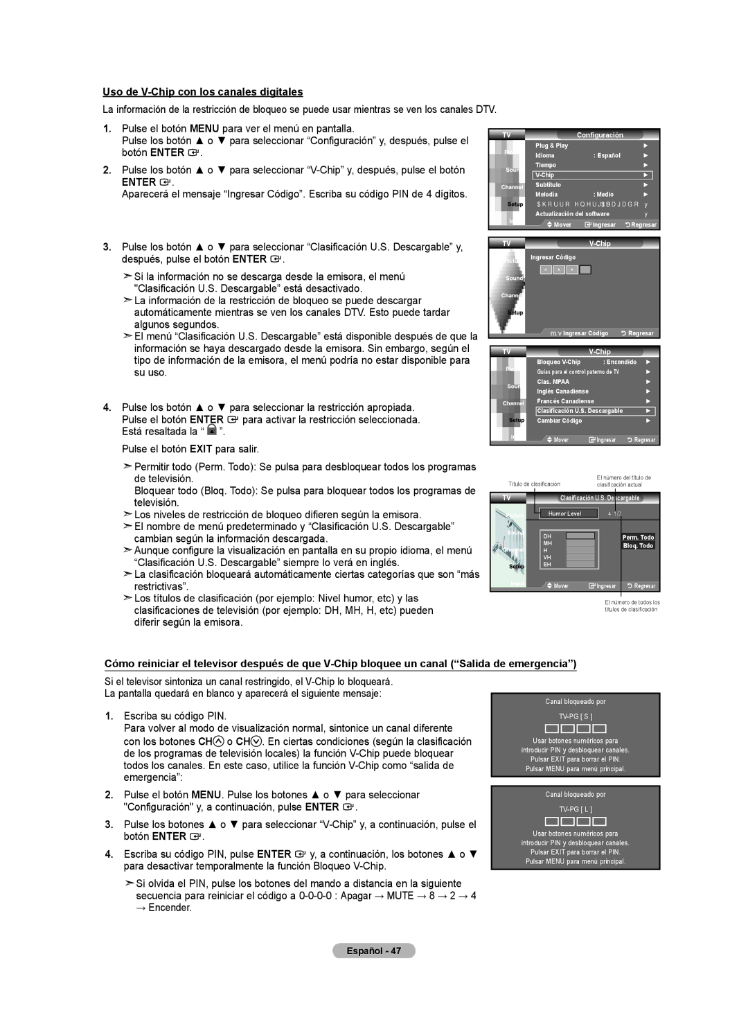 Samsung BN68-01541A-01 user manual Uso de V-Chip con los canales digitales 