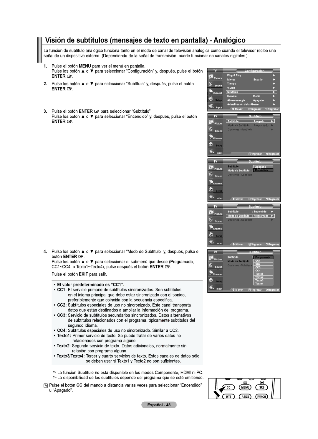 Samsung BN68-01541A-01 user manual Pulse el botón Enter para seleccionar Subtítulo, El valor predeterminado es CC1 