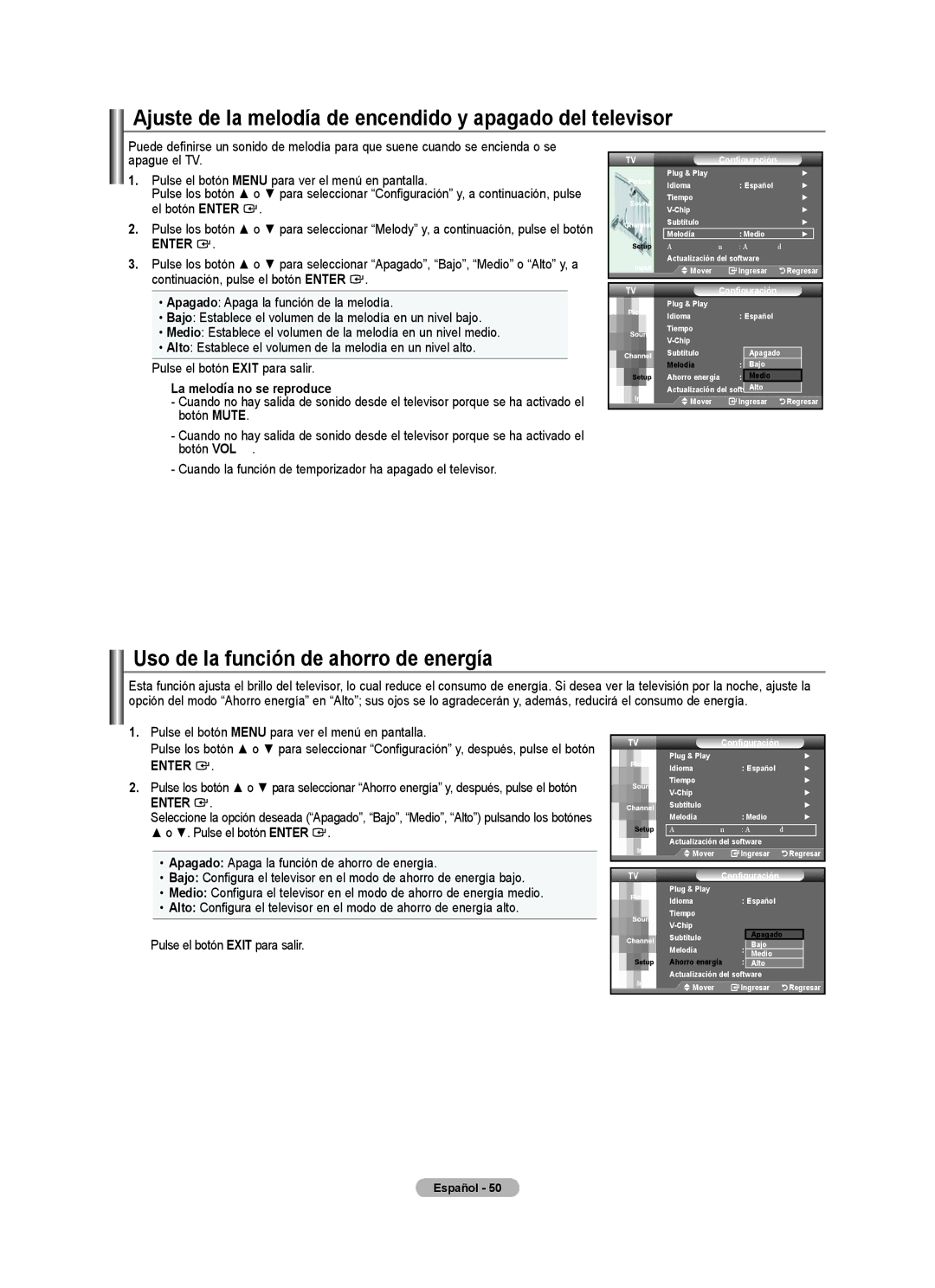 Samsung BN68-01541A-01 Ajuste de la melodía de encendido y apagado del televisor, Uso de la función de ahorro de energía 