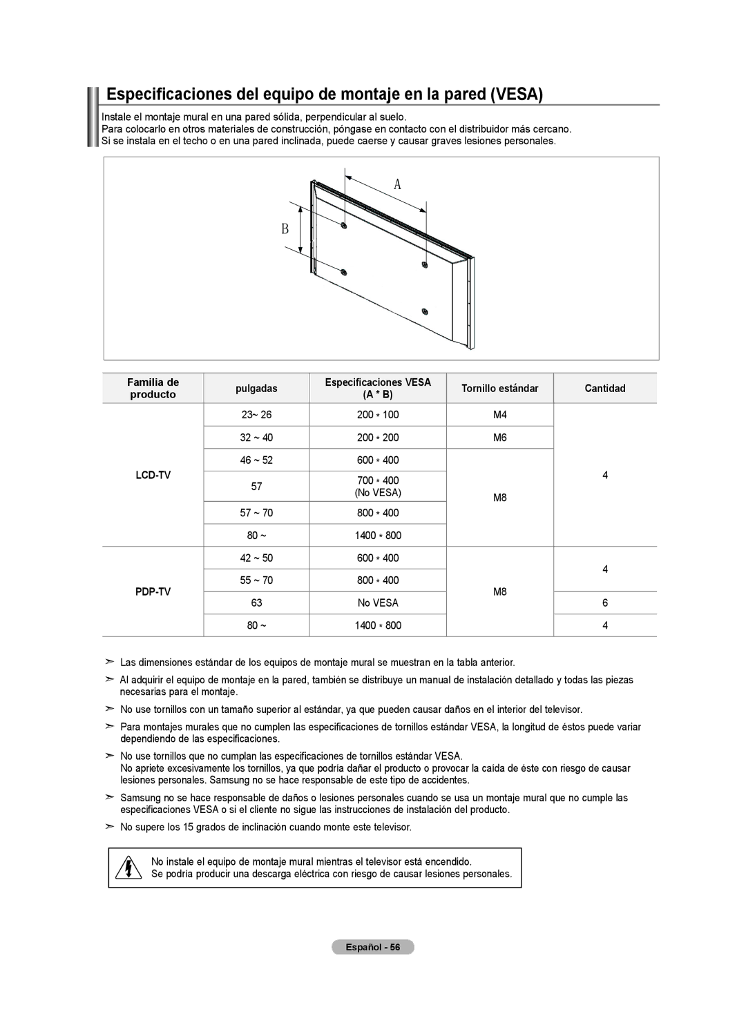 Samsung BN68-01541A-01 user manual Especificaciones del equipo de montaje en la pared Vesa, Familia de Pulgadas, Cantidad 