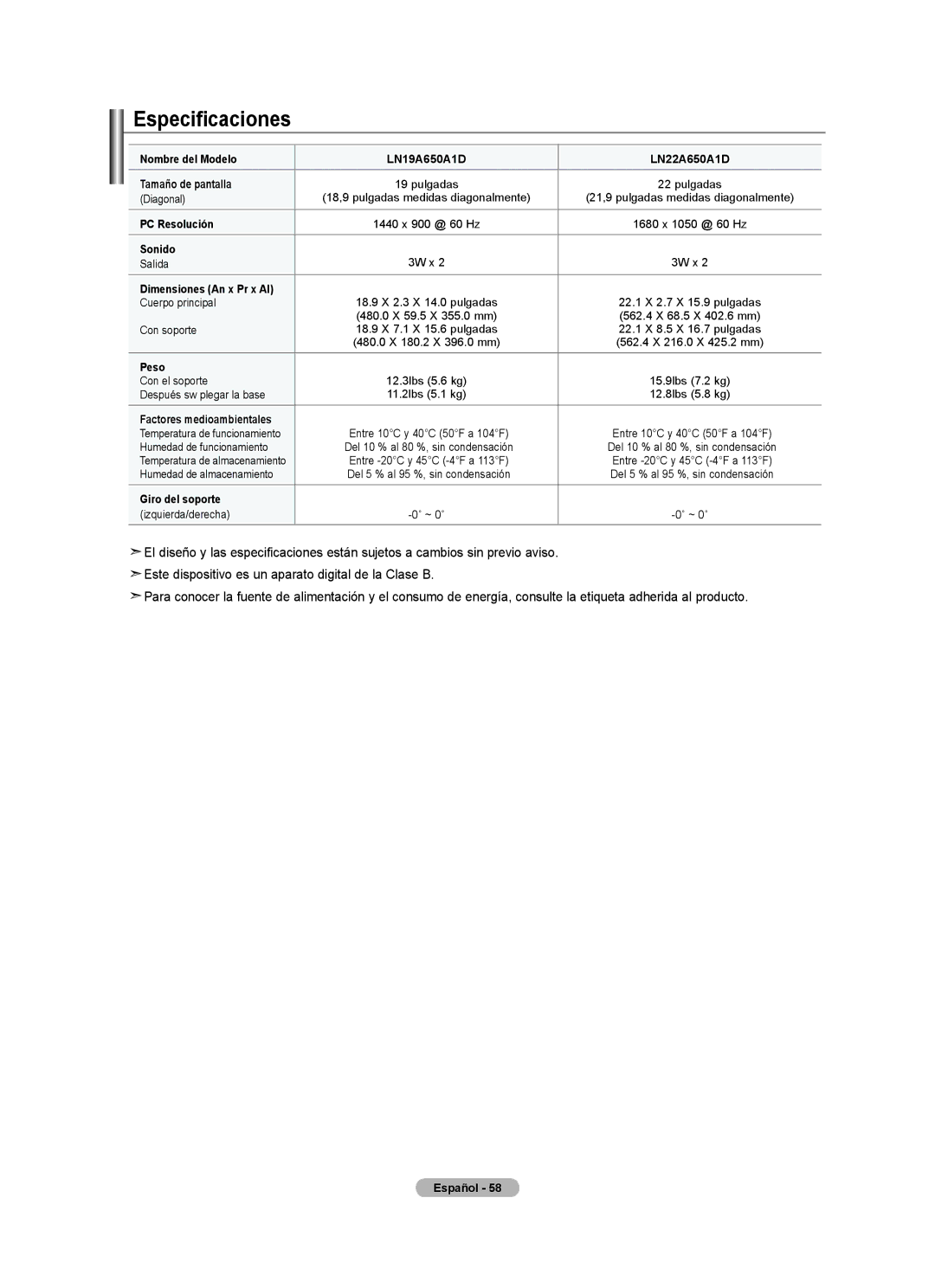 Samsung BN68-01541A-01 user manual Especificaciones, Dimensiones An x Pr x Al 