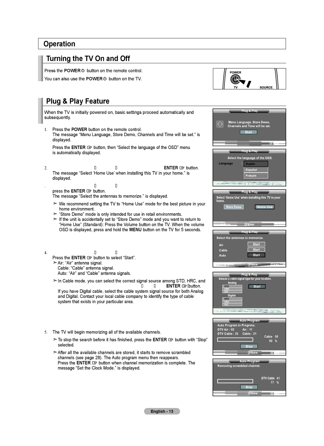 Samsung BN68-01541A-01 Operation Turning the TV On and Off, Plug & Play Feature, Press the Enter button to select Start 