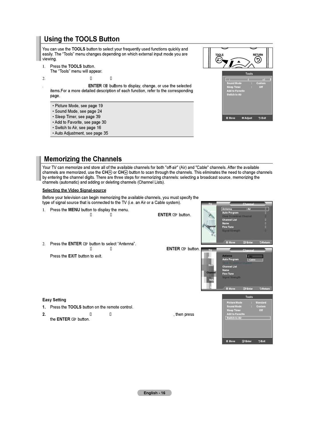 Samsung BN68-01541A-01 Using the Tools Button, Memorizing the Channels, Selecting the Video Signal-source, Easy Setting 