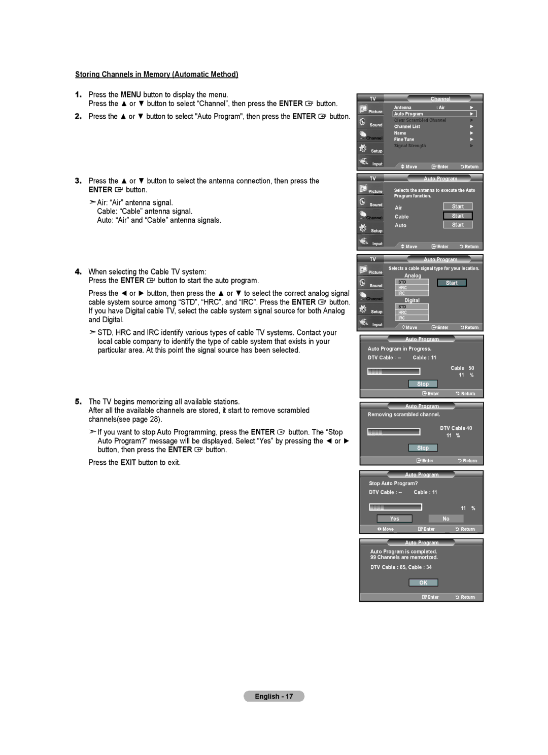 Samsung BN68-01541A-01 user manual Storing Channels in Memory Automatic Method 