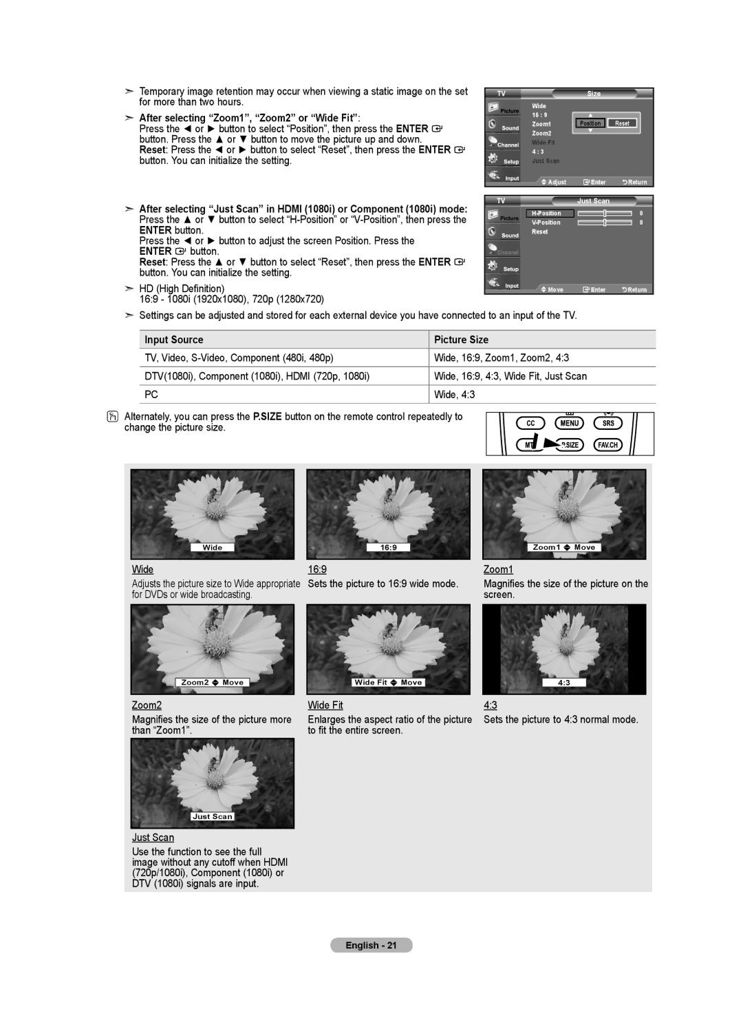 Samsung BN68-01541A-01 After selecting Zoom1, Zoom2 or Wide Fit, Input Source Picture Size, For DVDs or wide broadcasting 