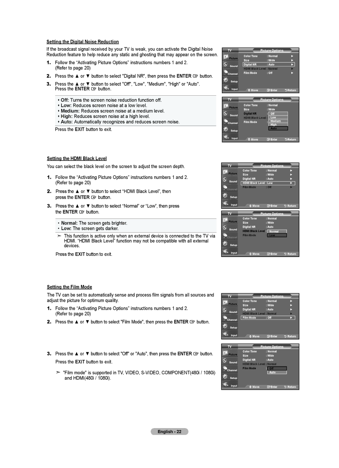 Samsung BN68-01541A-01 user manual Setting the Digital Noise Reduction, Setting the Hdmi Black Level, Setting the Film Mode 