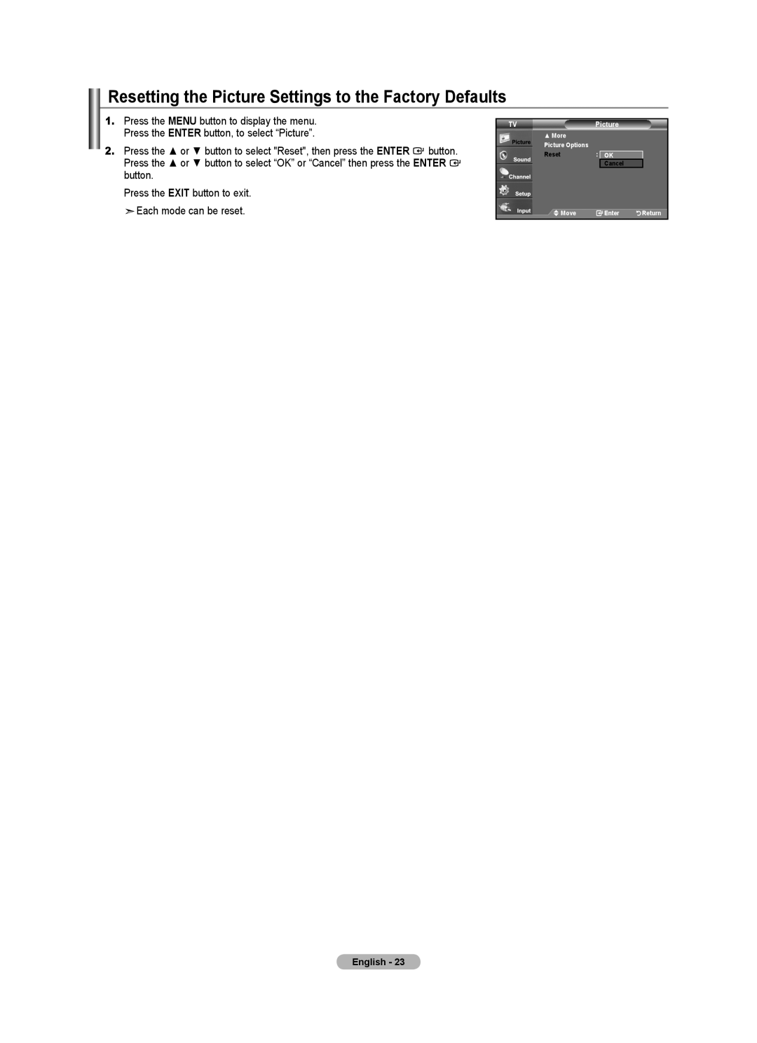 Samsung BN68-01541A-01 user manual Resetting the Picture Settings to the Factory Defaults, TVPicture 