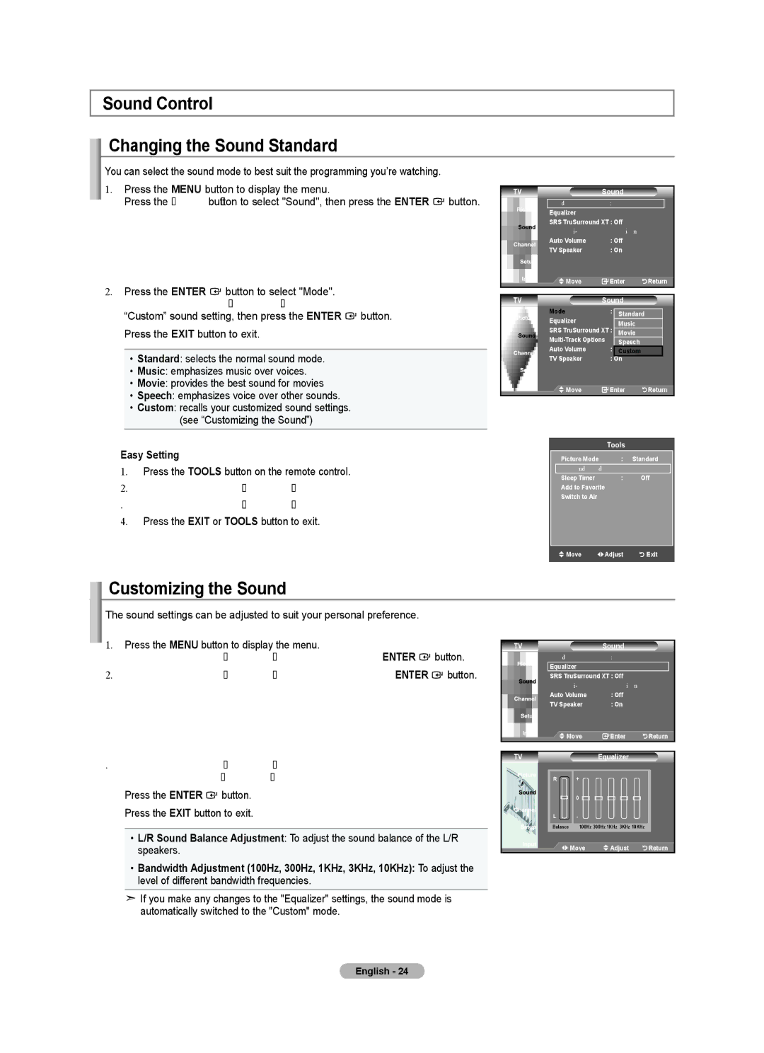 Samsung BN68-01541A-01 user manual Sound Control Changing the Sound Standard, Customizing the Sound 