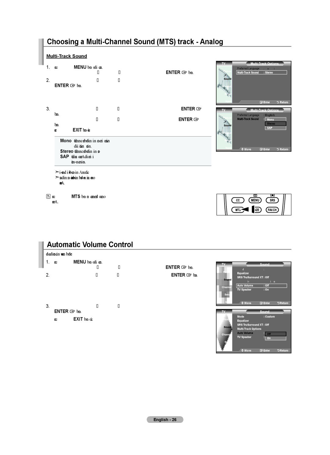 Samsung BN68-01541A-01 Choosing a Multi-Channel Sound MTS track Analog, Automatic Volume Control, Multi-Track Sound 