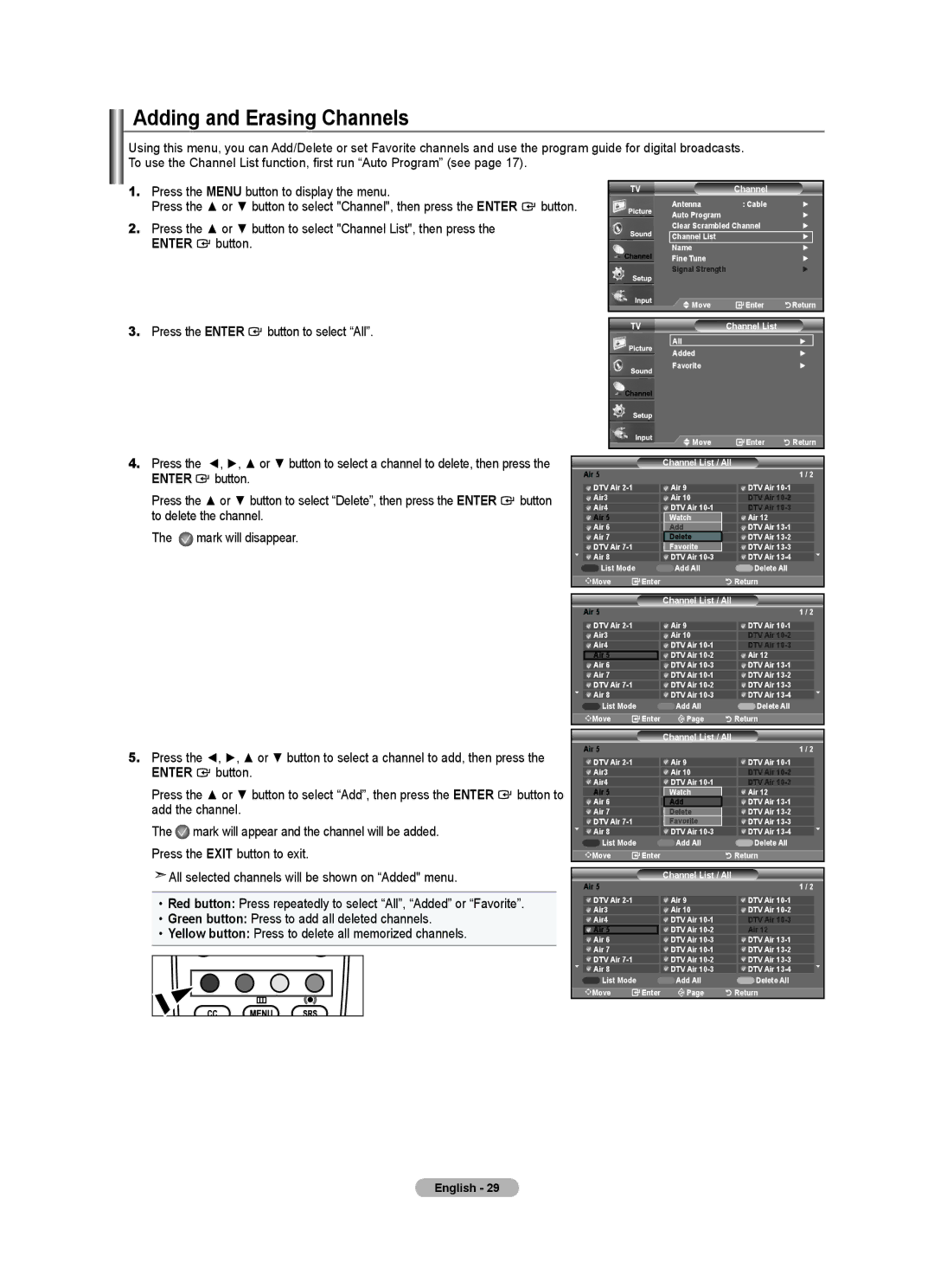 Samsung BN68-01541A-01 user manual Adding and Erasing Channels, Channel List / All 