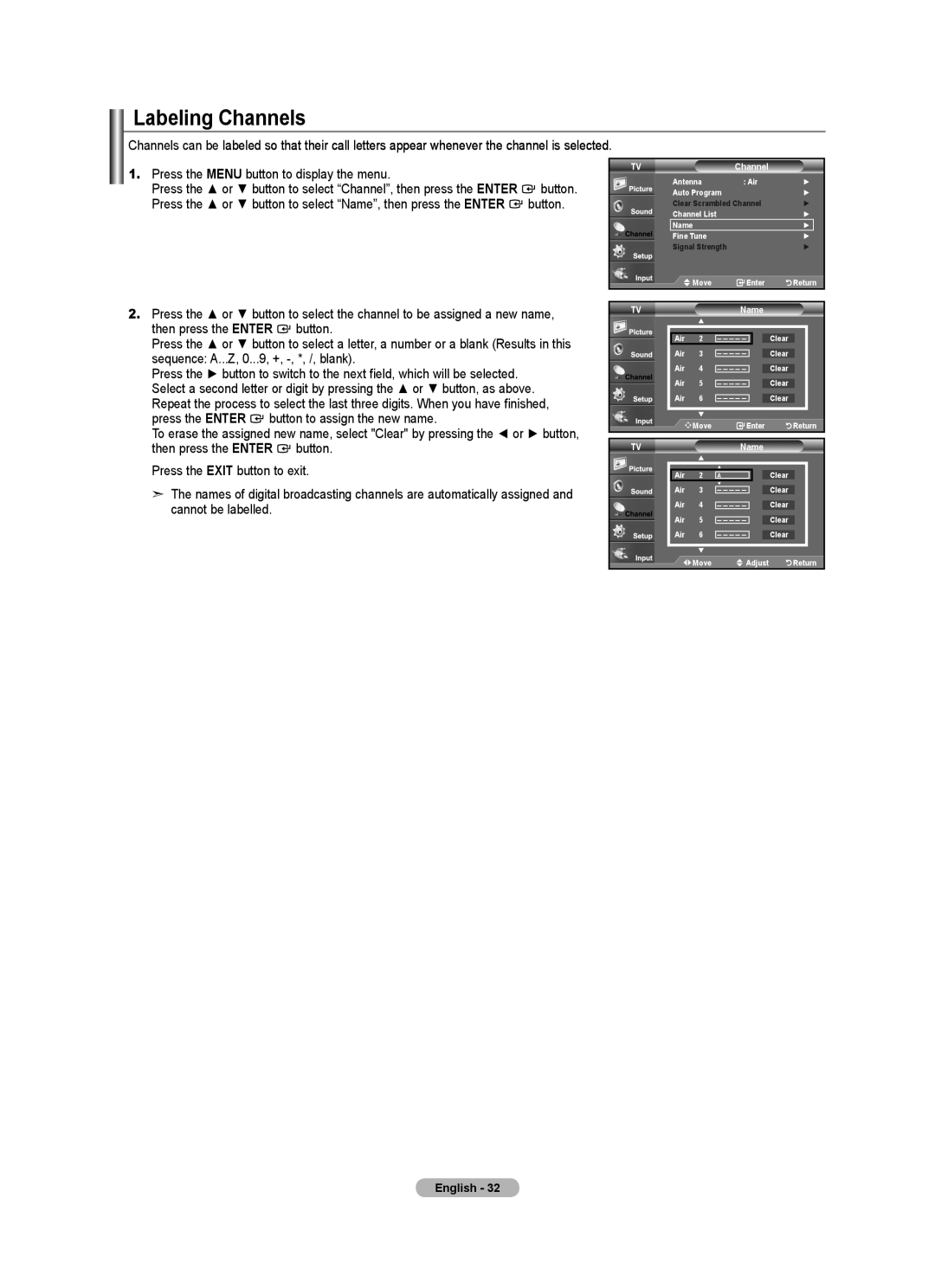 Samsung BN68-01541A-01 user manual Labeling Channels, Name 