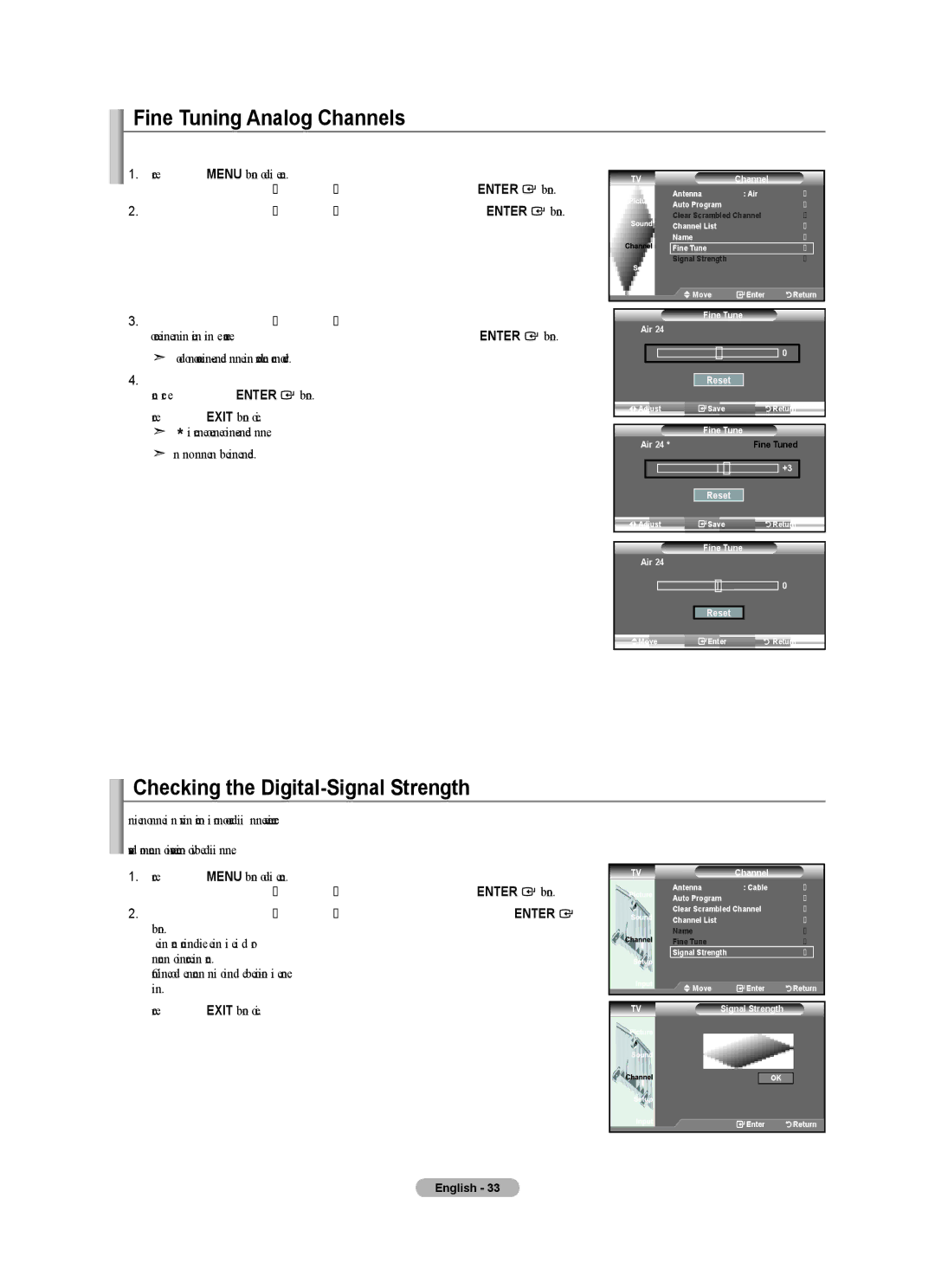 Samsung BN68-01541A-01 user manual Fine Tuning Analog Channels, Checking the Digital-Signal Strength 