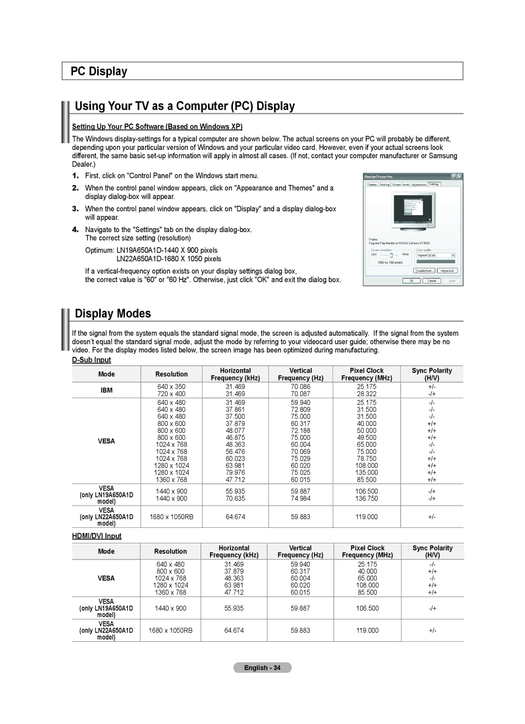 Samsung BN68-01541A-01 PC Display Using Your TV as a Computer PC Display, Display Modes, Sub Input, HDMI/DVI Input 