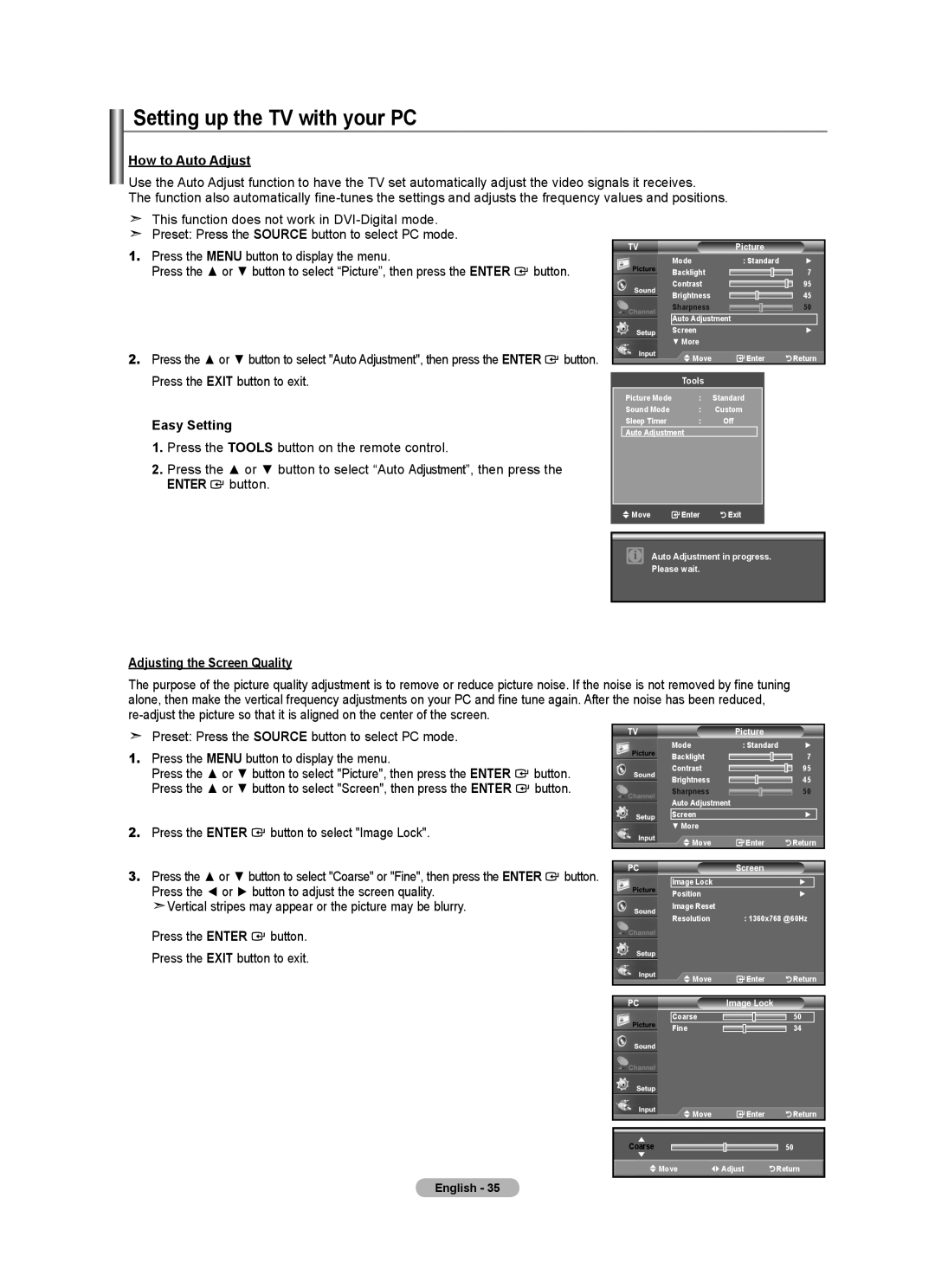 Samsung BN68-01541A-01 user manual Setting up the TV with your PC, How to Auto Adjust, Adjusting the Screen Quality 