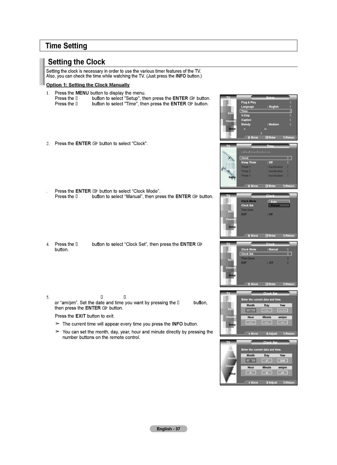 Samsung BN68-01541A-01 user manual Time Setting Setting the Clock, Option 1 Setting the Clock Manually 