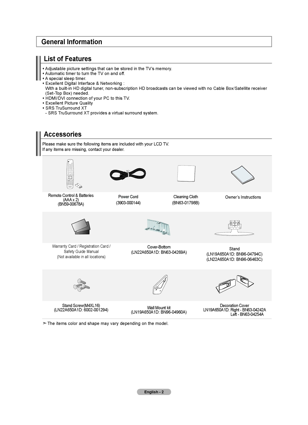 Samsung BN68-01541A-01 user manual General Information List of Features, Accessories, 3903-000144 