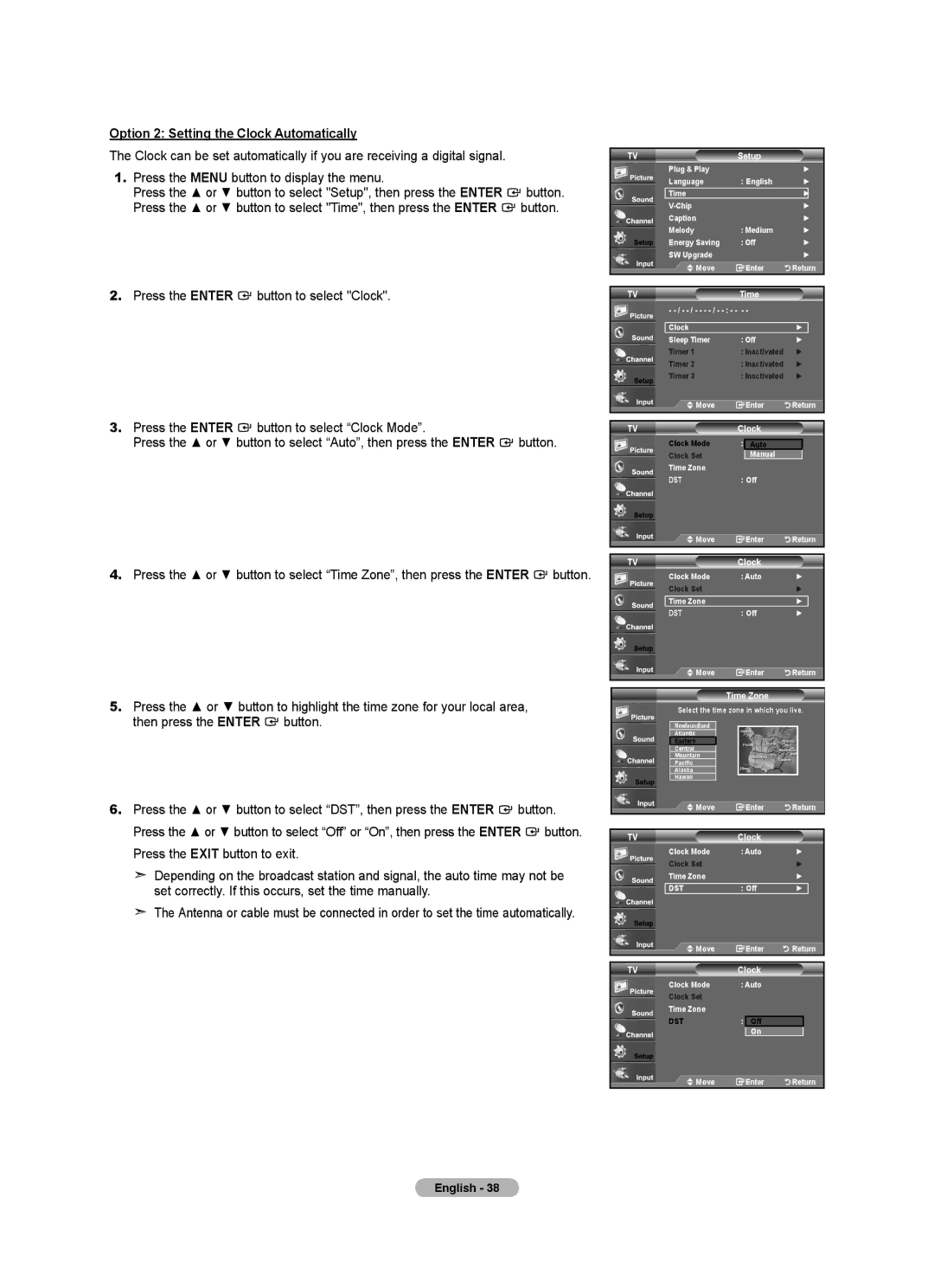 Samsung BN68-01541A-01 user manual Option 2 Setting the Clock Automatically, Time Zone, TVClock 