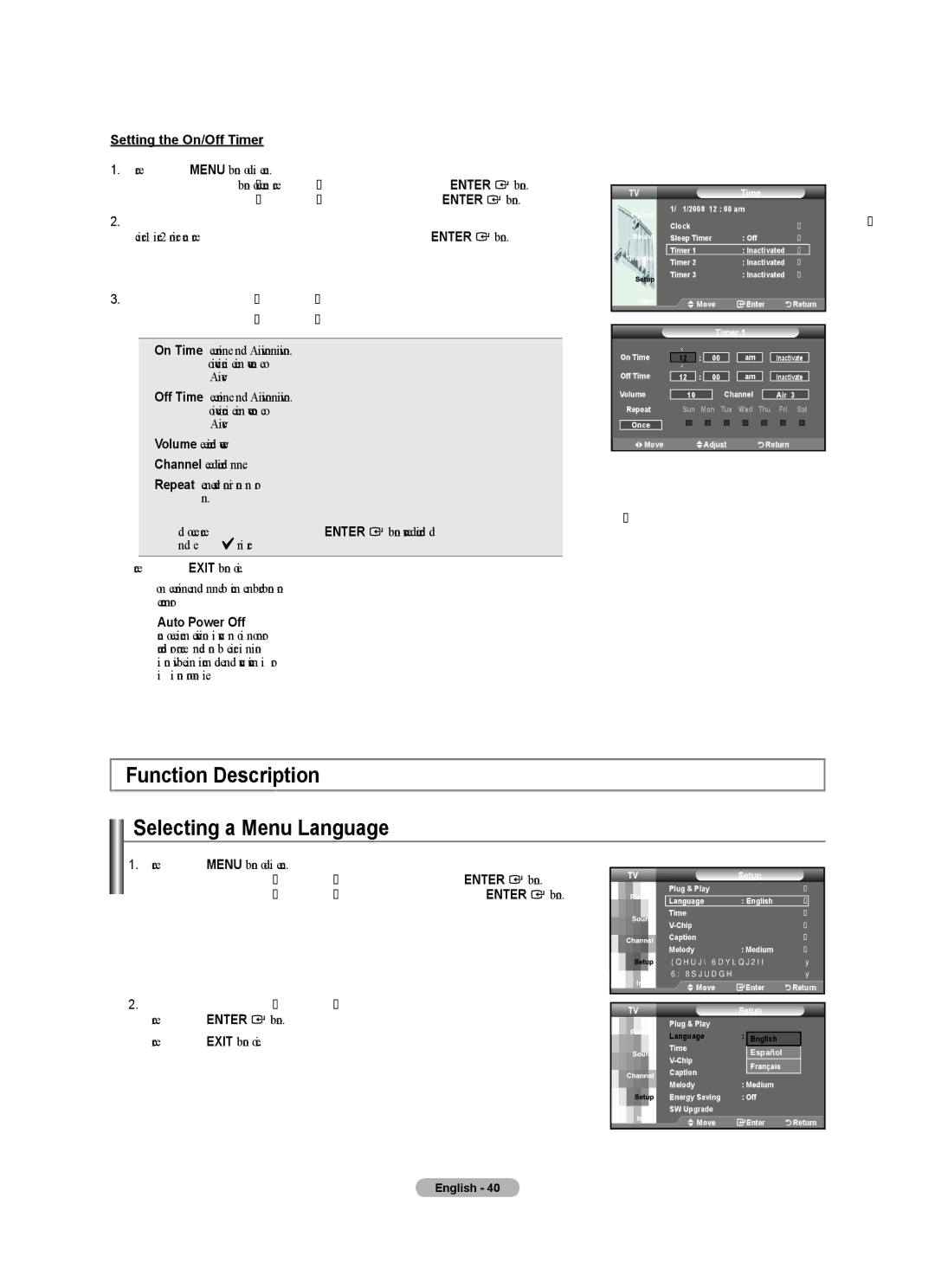 Samsung BN68-01541A-01 user manual Function Description Selecting a Menu Language, Setting the On/Off Timer, Auto Power Off 