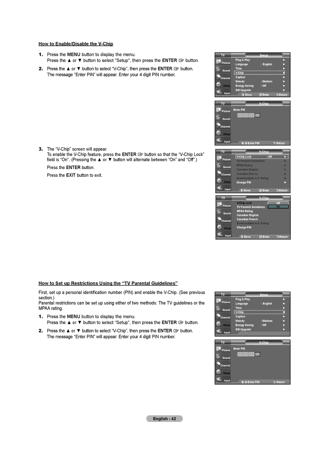 Samsung BN68-01541A-01 How to Enable/Disable the V-Chip, How to Set up Restrictions Using the TV Parental Guidelines 