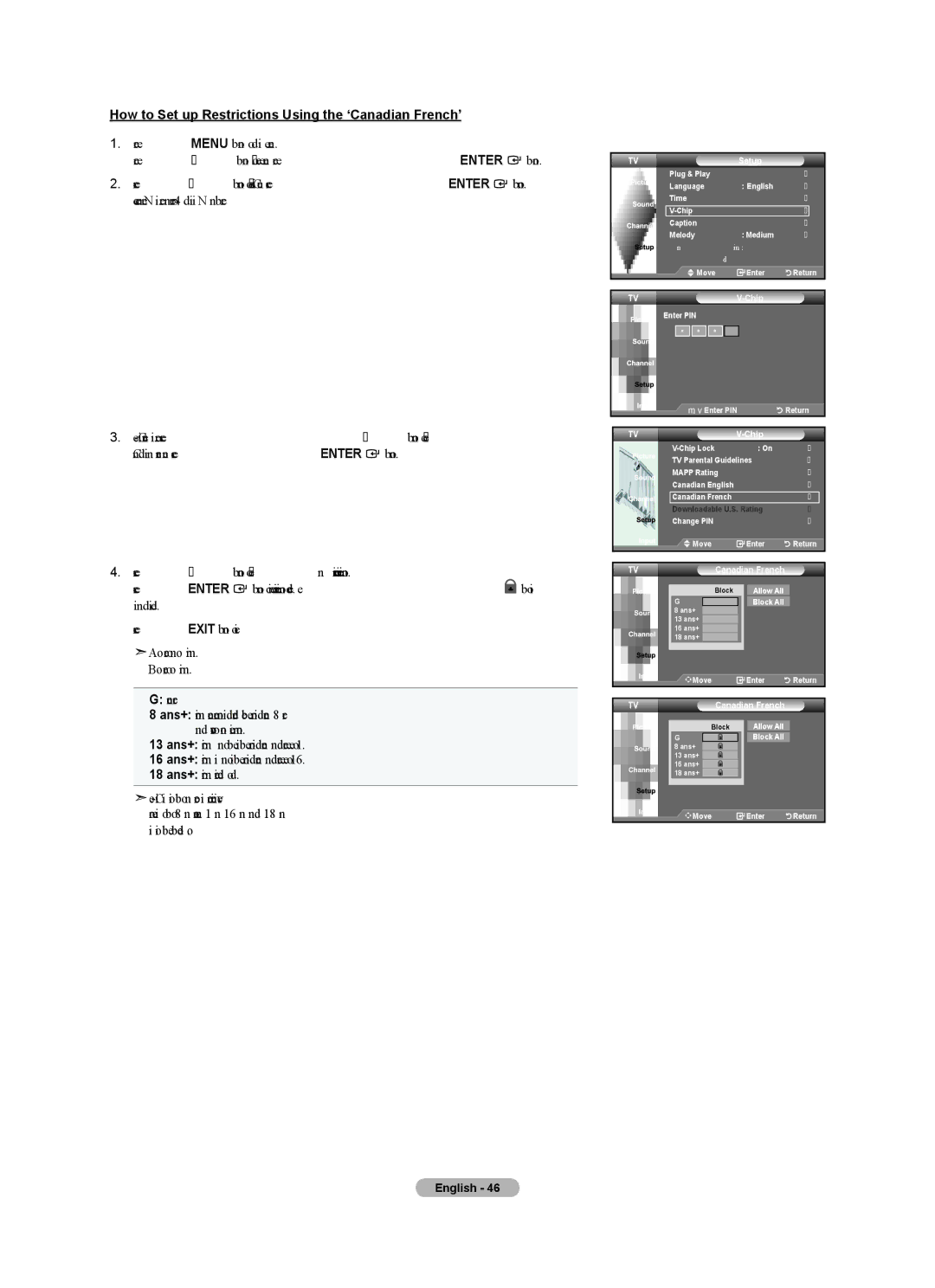 Samsung BN68-01541A-01 user manual How to Set up Restrictions Using the ‘Canadian French’, Chip 