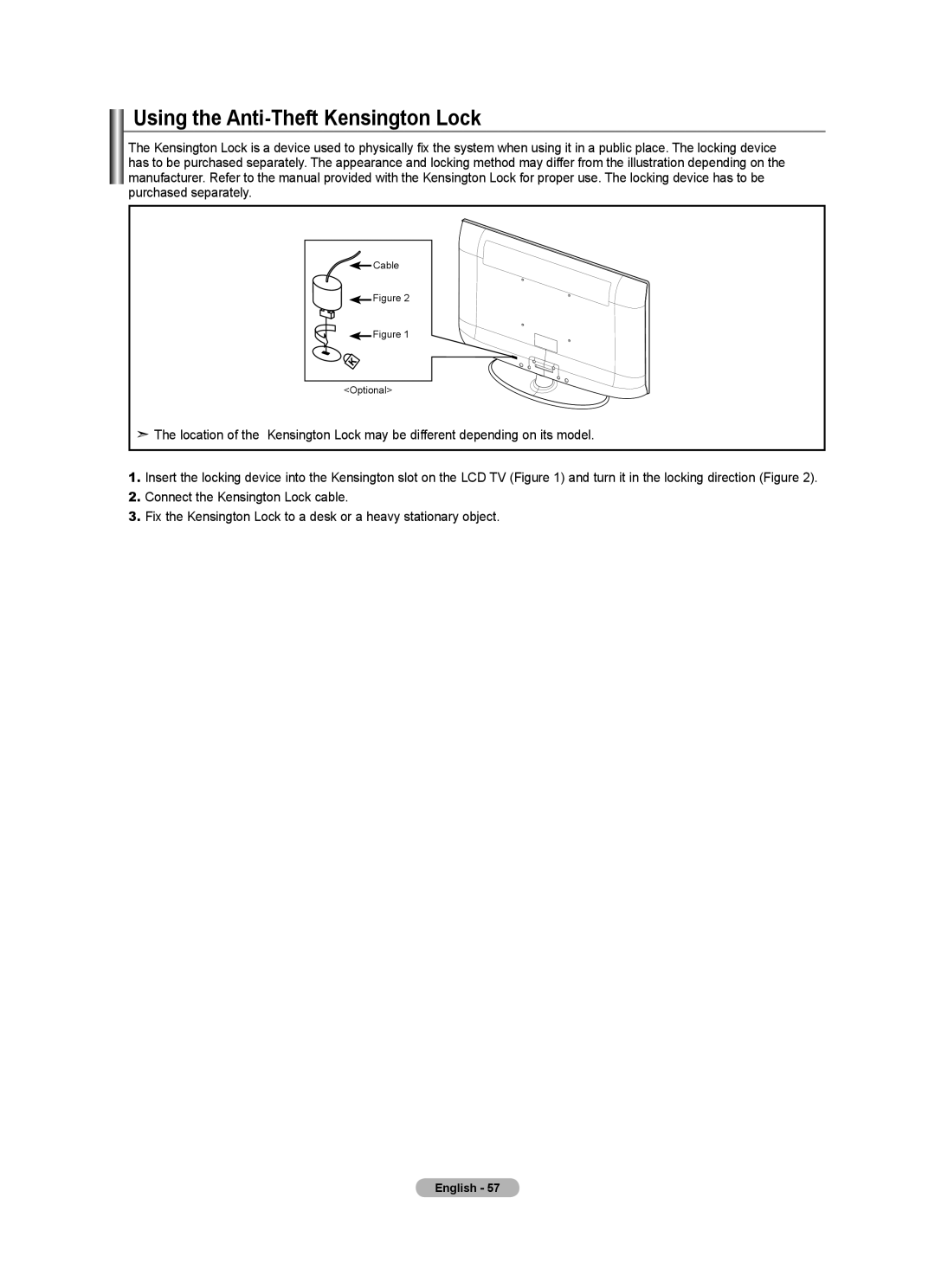 Samsung BN68-01541A-01 user manual Using the Anti-Theft Kensington Lock 