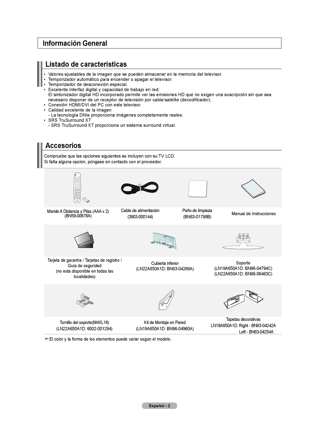 Samsung BN68-01541A-01 user manual Información General Listado de características, Accesorios, Left BN63-04254A 