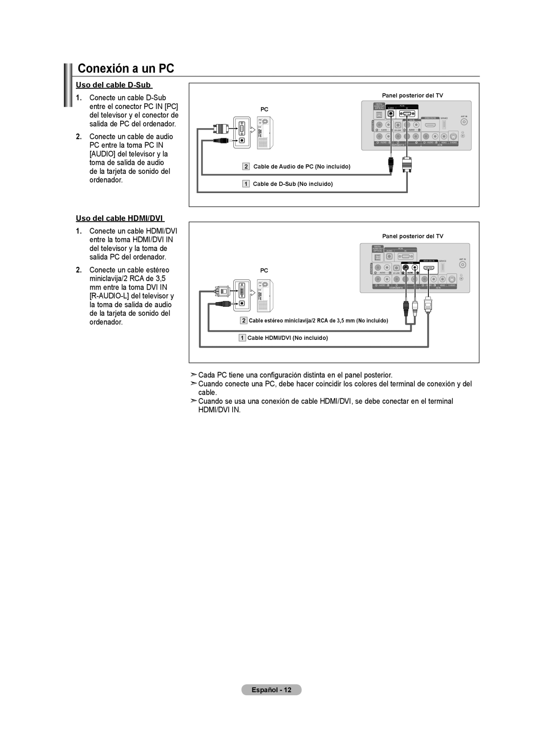 Samsung BN68-01541A-01 user manual Conexión a un PC, Uso del cable D-Sub, Uso del cable HDMI/DVI 