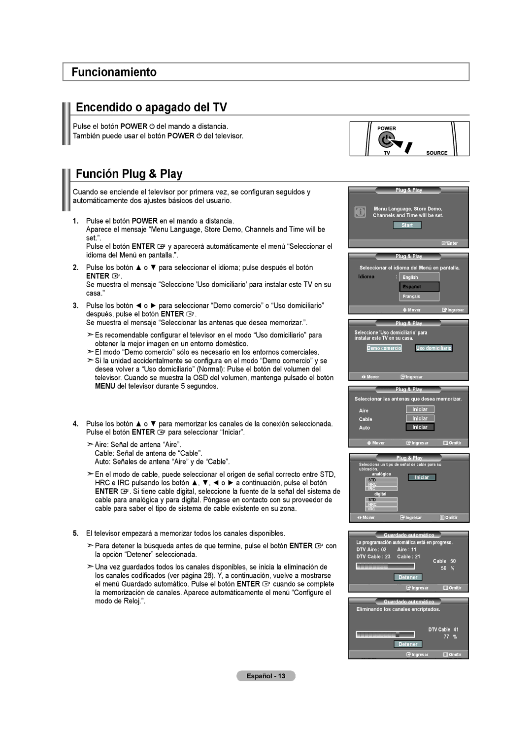 Samsung BN68-01541A-01 user manual Funcionamiento Encendido o apagado del TV, Función Plug & Play, Detener 