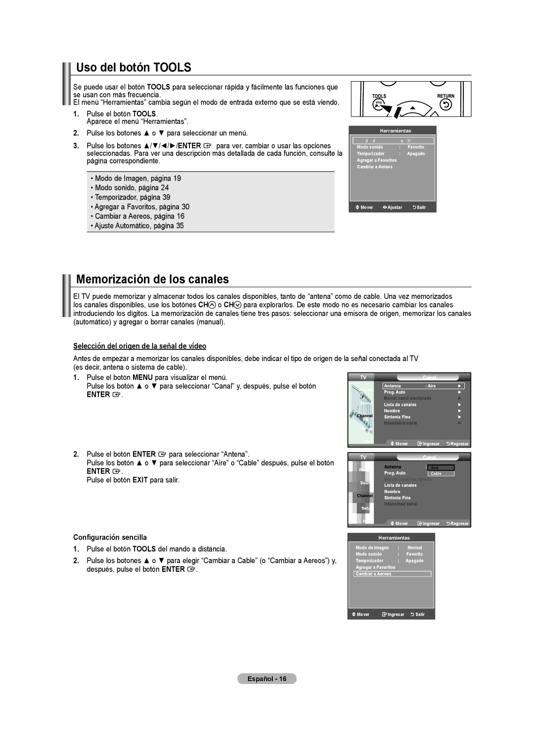 Samsung BN68-01541A-01 Uso del botón Tools, Memorización de los canales, Selección del origen de la señal de vídeo 