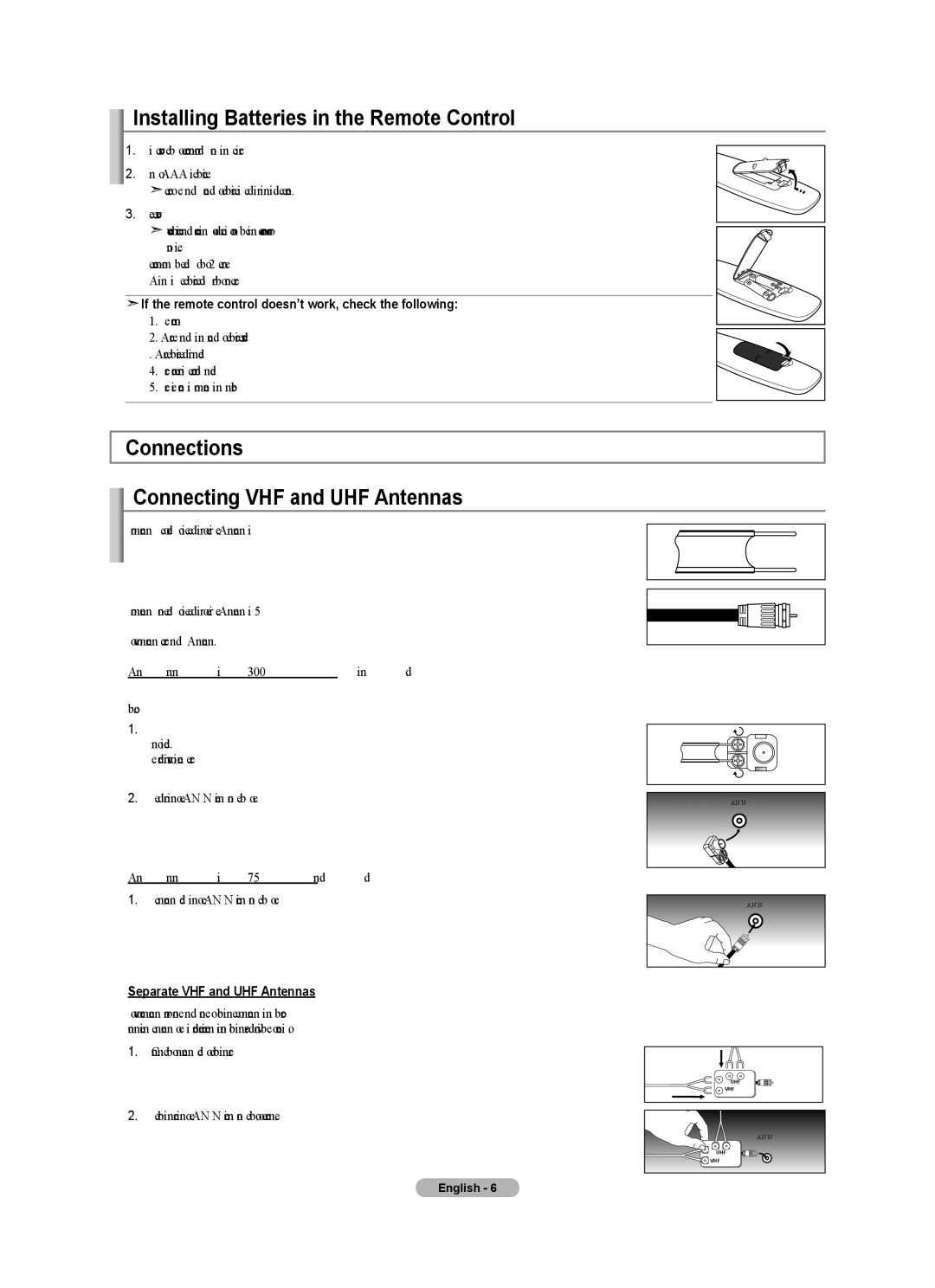 Samsung BN68-01541A-01 user manual Installing Batteries in the Remote Control, Connections Connecting VHF and UHF Antennas 