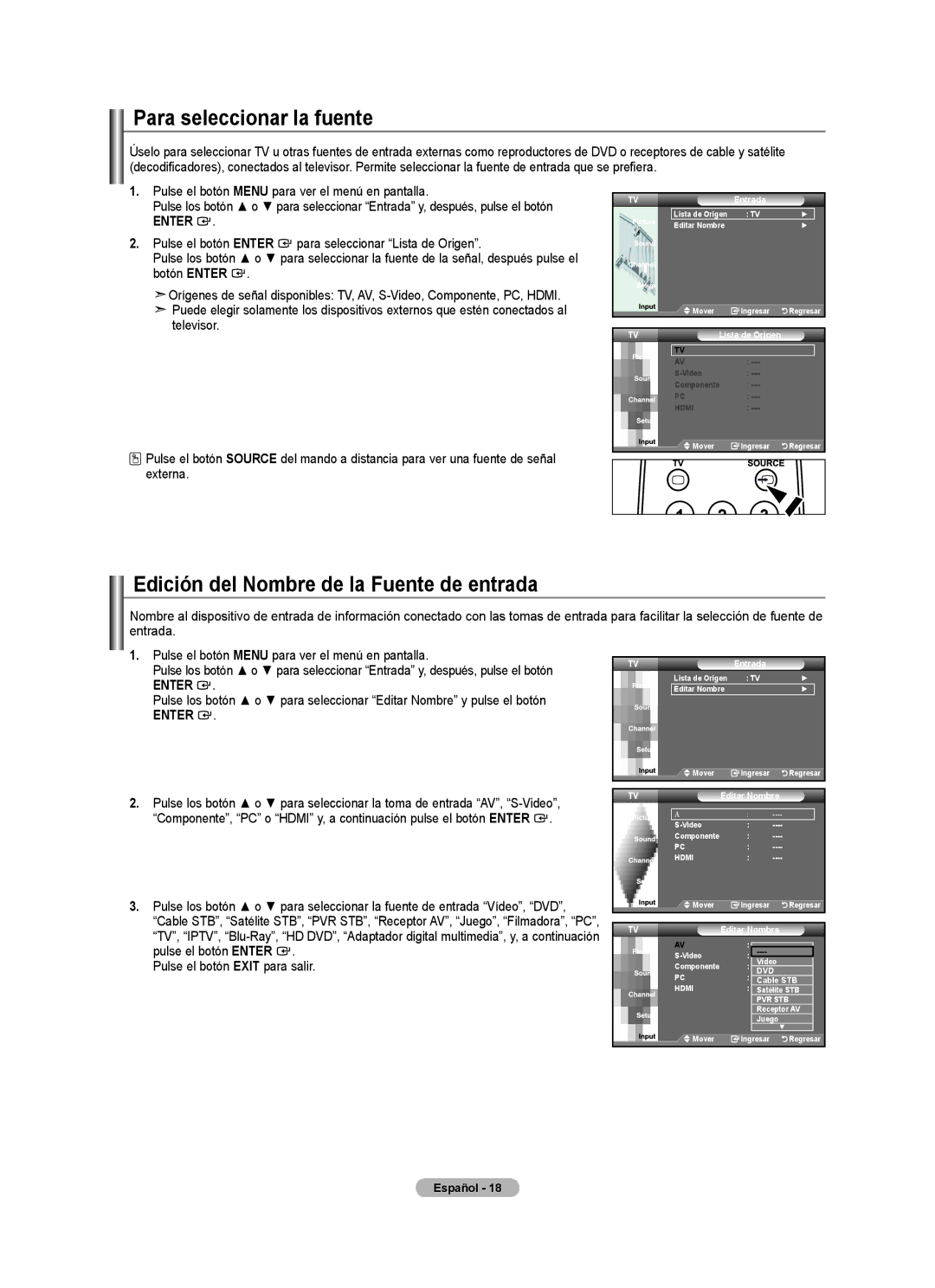 Samsung BN68-01541A-01 Para seleccionar la fuente, Edición del Nombre de la Fuente de entrada, Entrada, Editar Nombre 