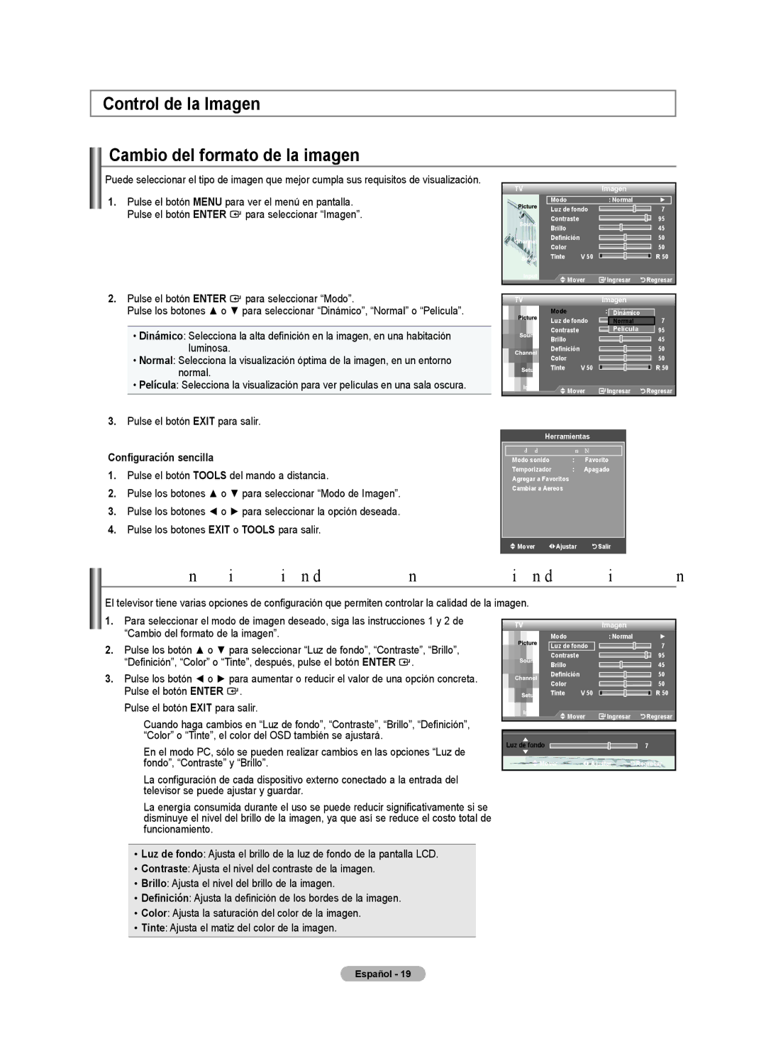 Samsung BN68-01541A-01 user manual Control de la Imagen Cambio del formato de la imagen 