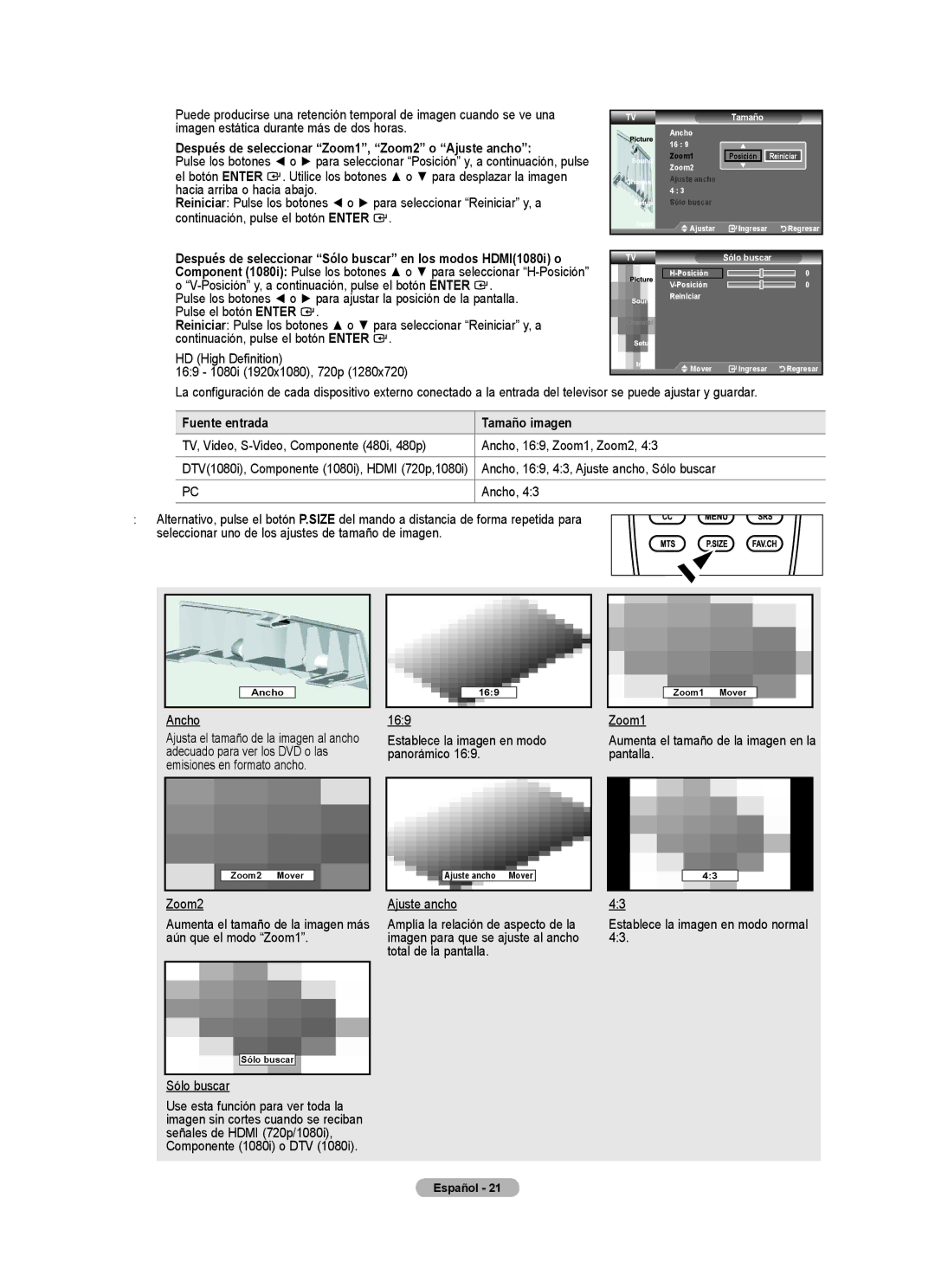 Samsung BN68-01541A-01 user manual Después de seleccionar Zoom1, Zoom2 o Ajuste ancho, Fuente entrada Tamaño imagen 