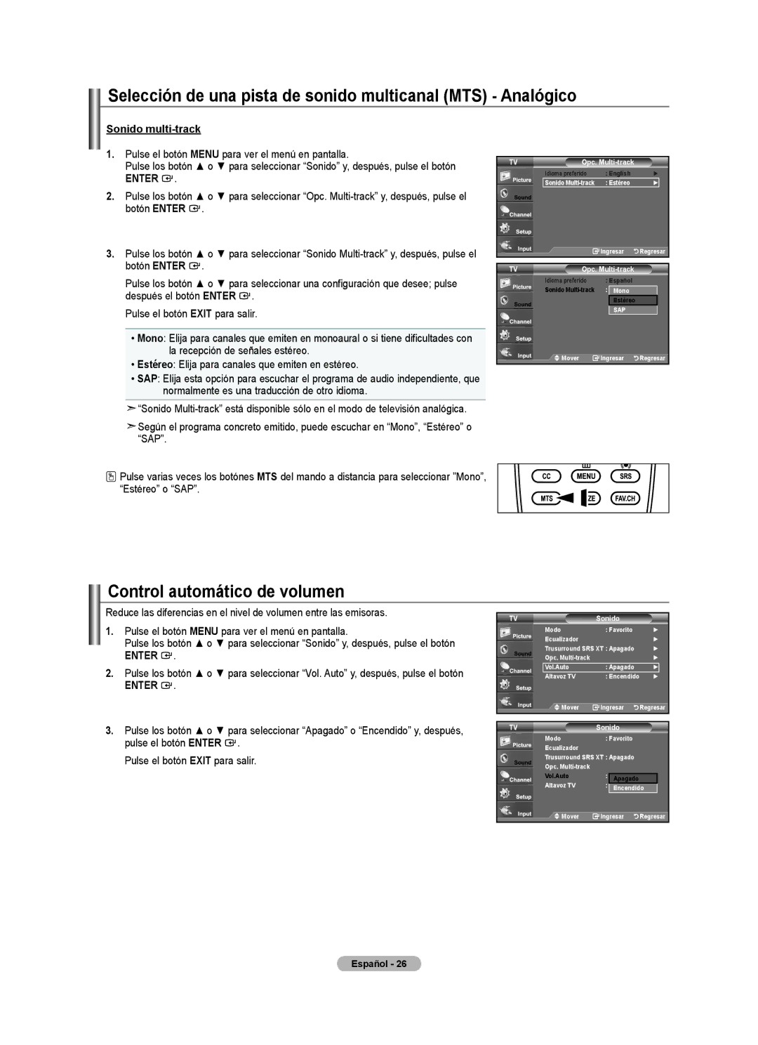 Samsung BN68-01541A-01 user manual Selección de una pista de sonido multicanal MTS Analógico, Control automático de volumen 