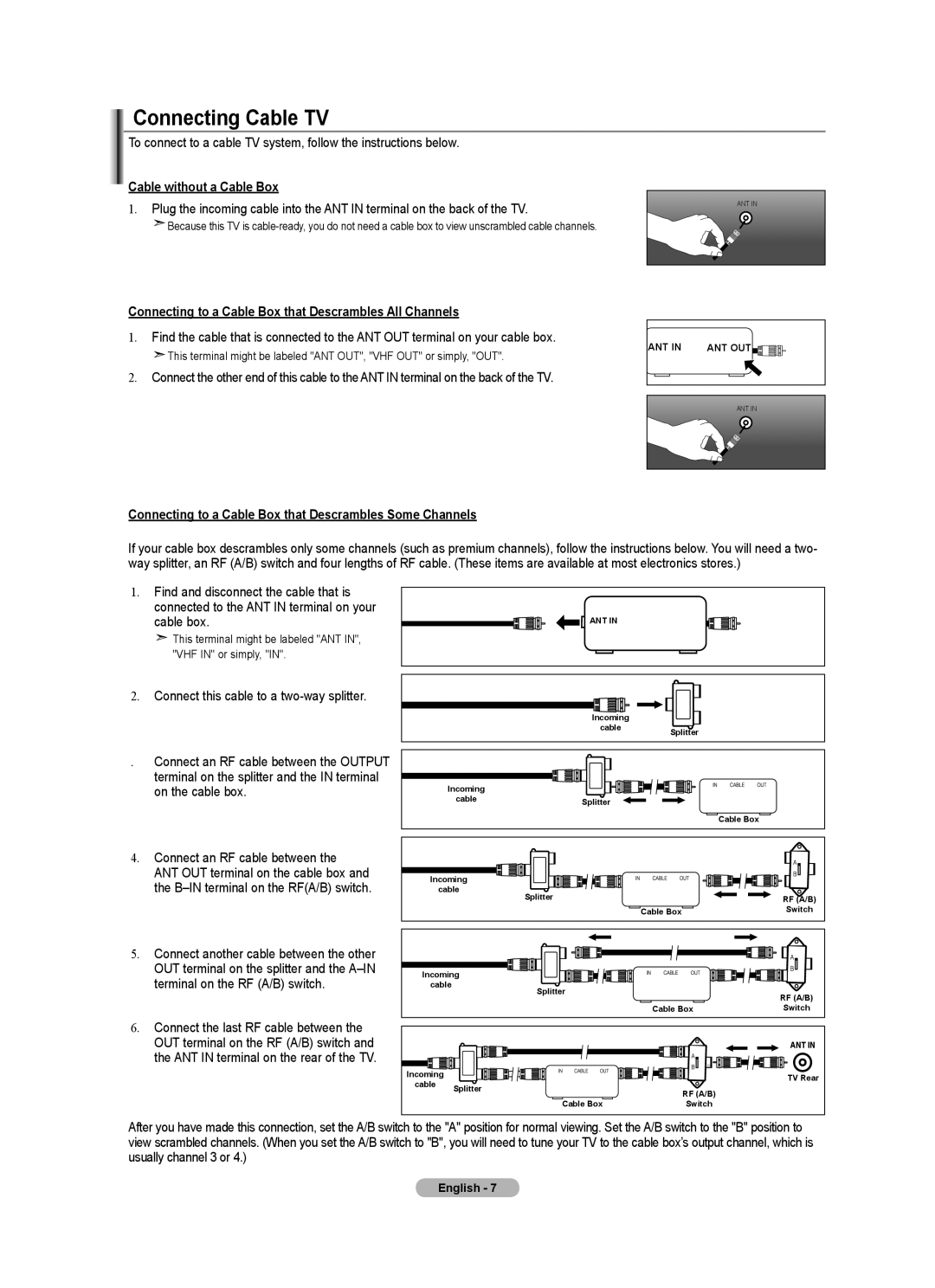 Samsung BN68-01541A-01 user manual Connecting Cable TV, Cable without a Cable Box, Connect this cable to a two-way splitter 