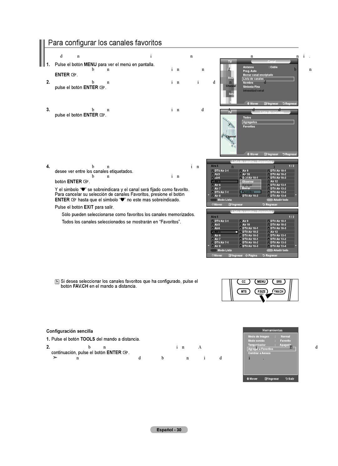 Samsung BN68-01541A-01 Para configurar los canales favoritos, Desee ver entre los canales etiquetados, Botón Enter 