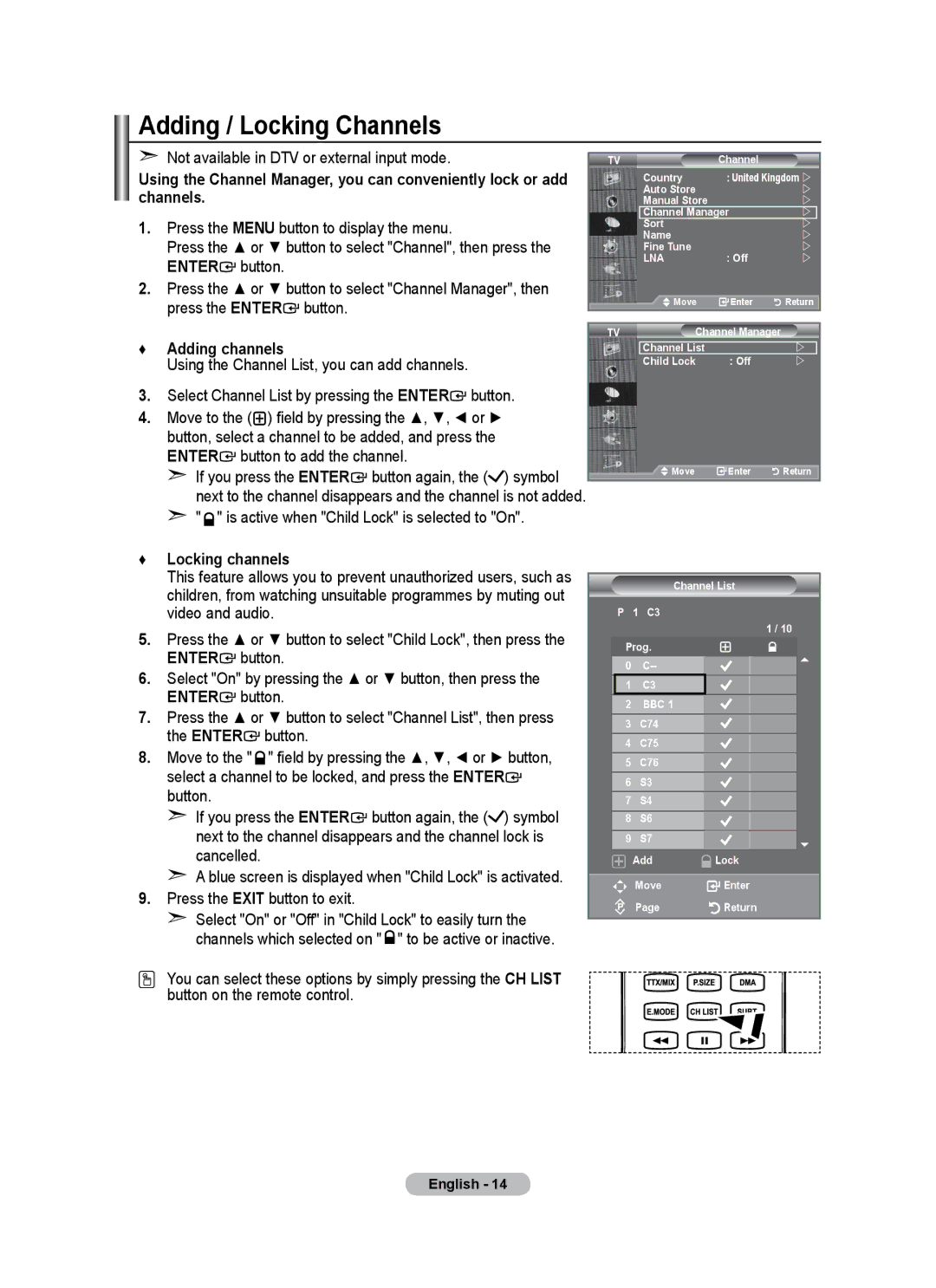 Samsung BN68-01684A-00 user manual Adding / Locking Channels, Adding channels, Is active when Child Lock is selected to On 