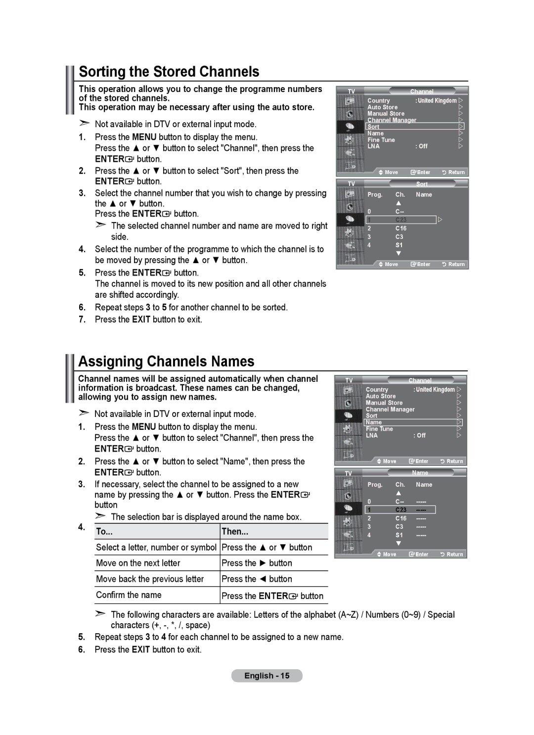 Samsung BN68-01684A-00 user manual Sorting the Stored Channels, Assigning Channels Names, Then, Press the or button 