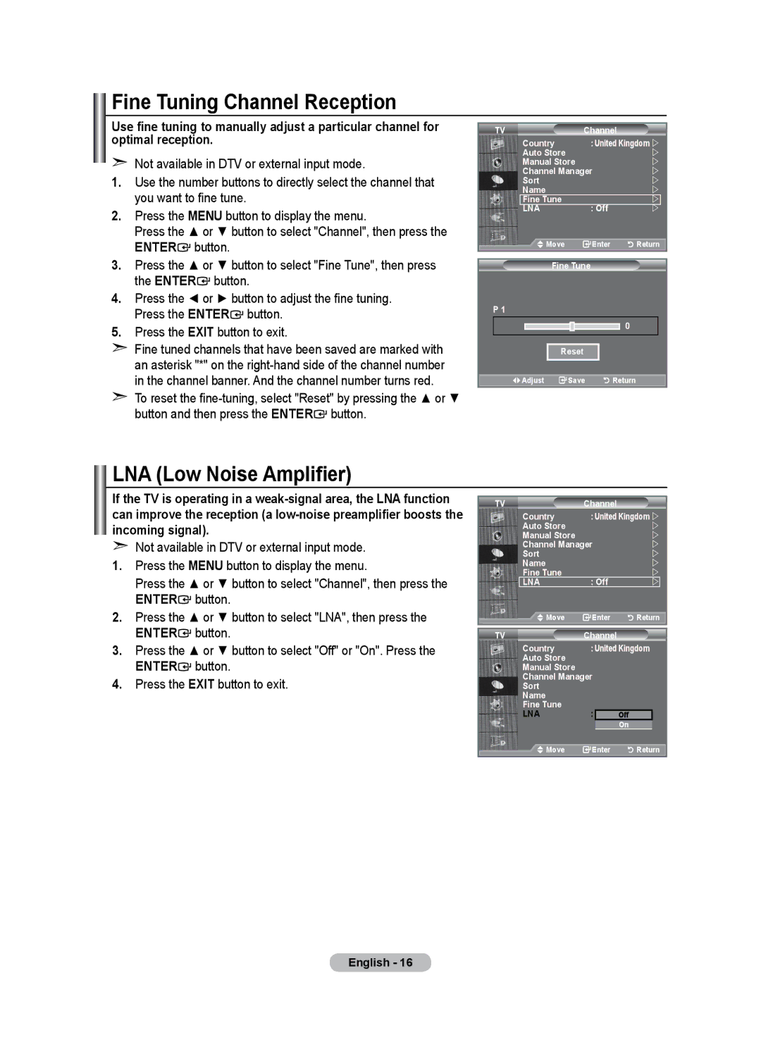 Samsung BN68-01684A-00 Fine Tuning Channel Reception, LNA Low Noise Amplifier, Enter button Press the Exit button to exit 