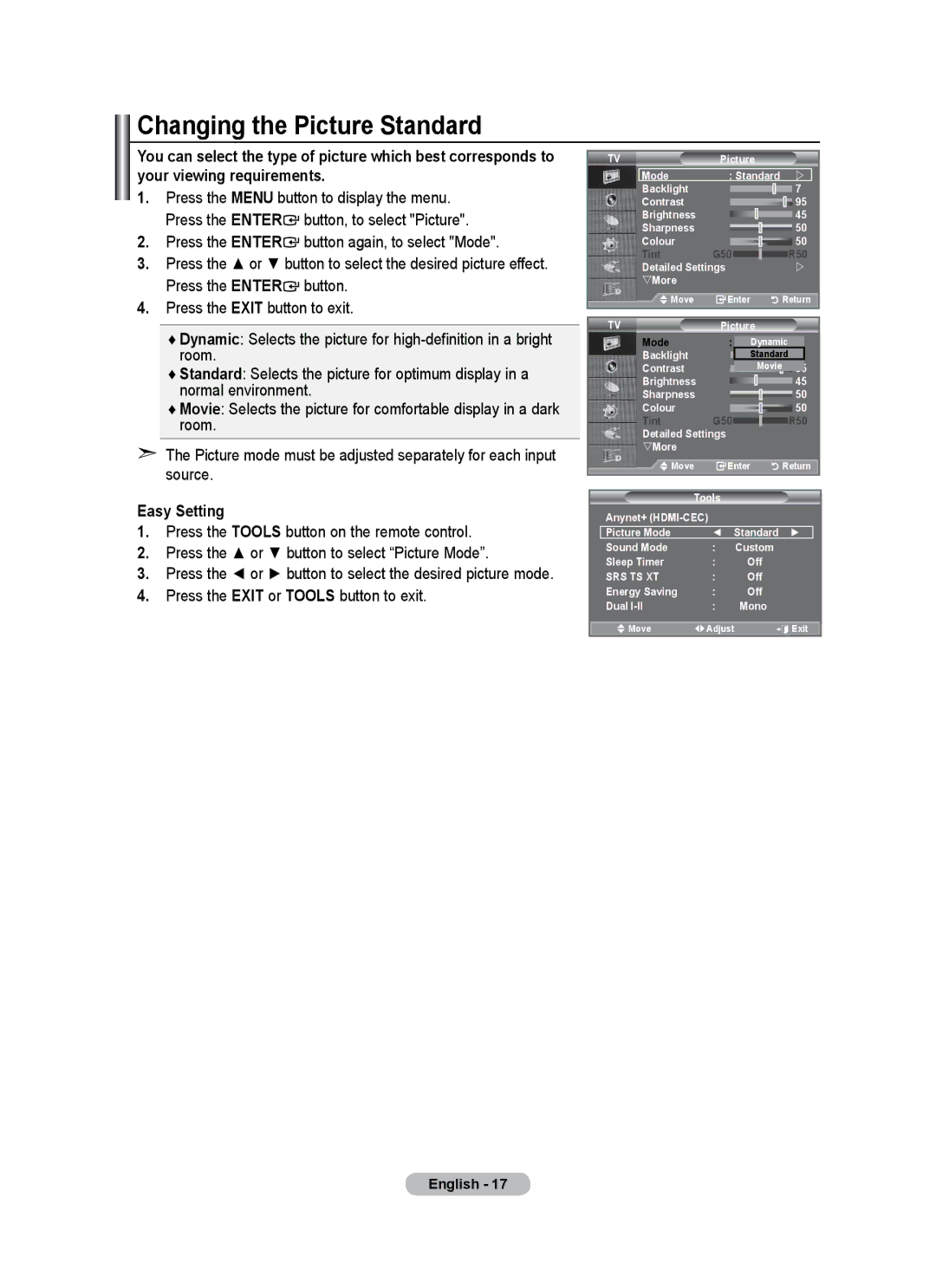 Samsung BN68-01684A-00 Changing the Picture Standard, Press the Enter button again, to select Mode, Easy Setting 